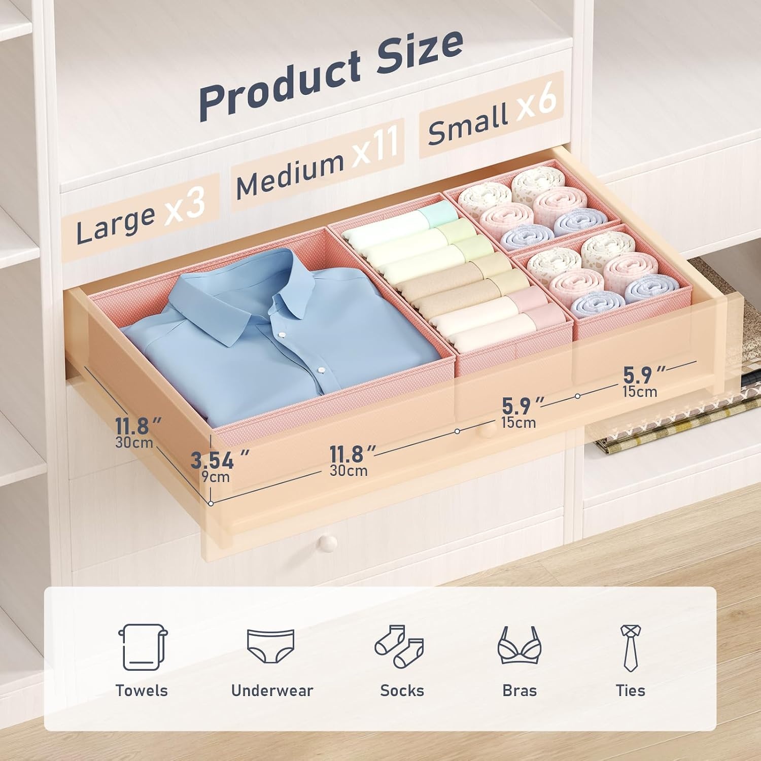 image:imageDIMJ Drawer Organizer Clothes Storage 24 Pack Baby Dresser Organizer for Nursery Small Fabric Closet Drawer Organizer Bins for Underwears Socks Foldable Storage Dividers Organization for BedroomPink