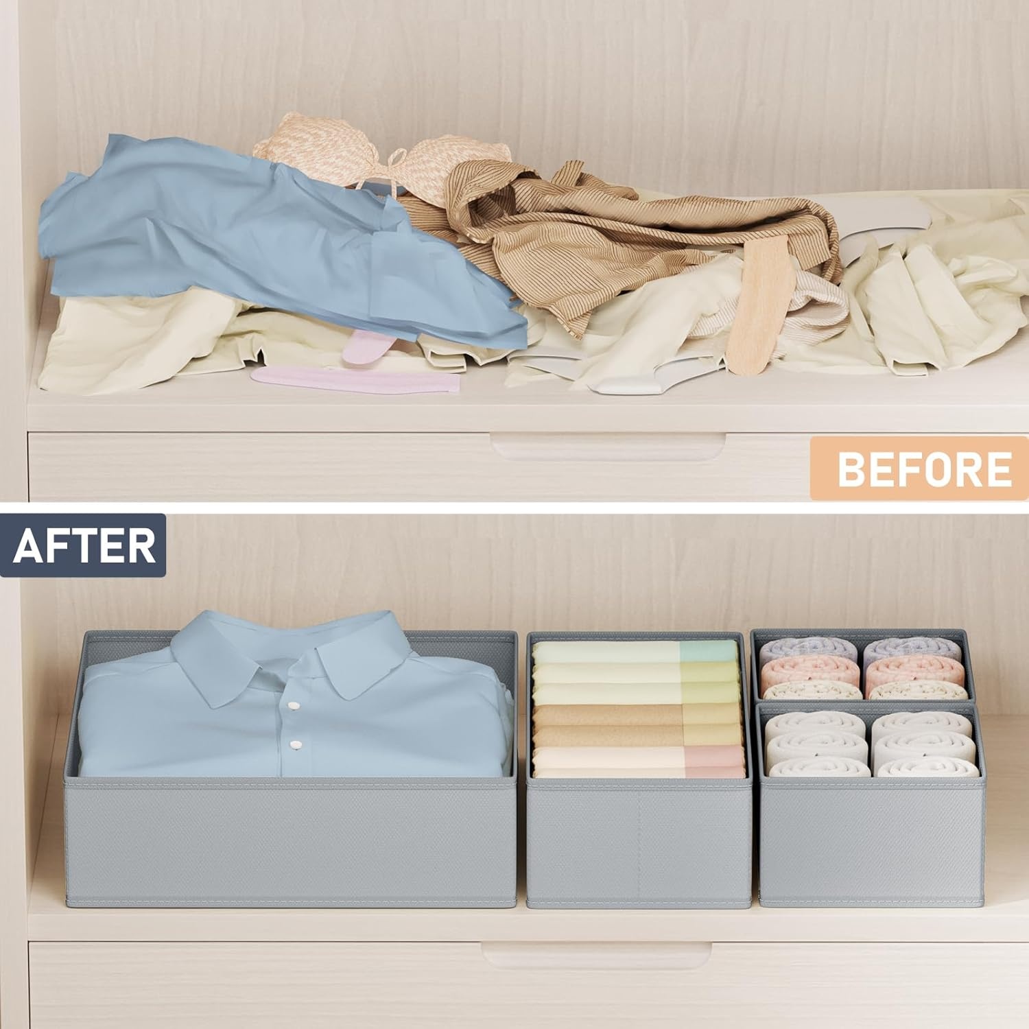 image:imageDIMJ Drawer Organizer Clothes Storage 24 Pack Baby Dresser Organizer for Nursery Small Fabric Closet Drawer Organizer Bins for Underwears Socks Foldable Storage Dividers Organization for BedroomGray