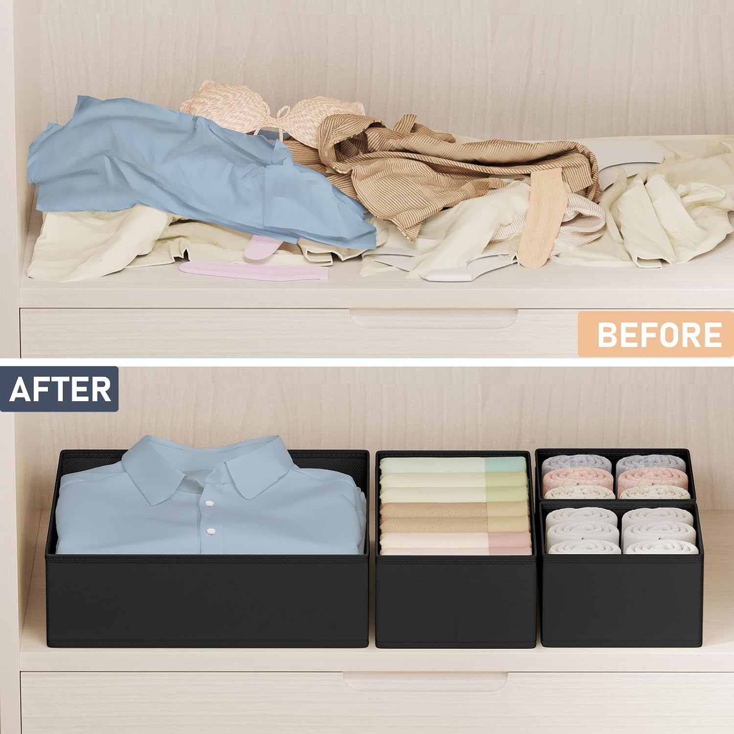 image:imageDIMJ Drawer Organizer Clothes Storage 24 Pack Baby Dresser Organizer for Nursery Small Fabric Closet Drawer Organizer Bins for Underwears Socks Foldable Storage Dividers Organization for BedroomBlack