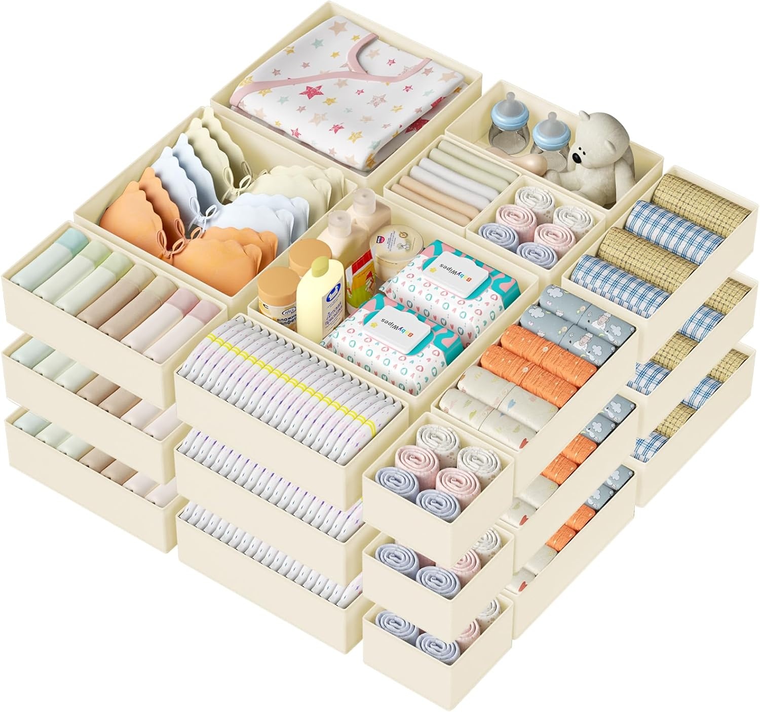 image:imageDIMJ Drawer Organizer Clothes Storage 24 Pack Baby Dresser Organizer for Nursery Small Fabric Closet Drawer Organizer Bins for Underwears Socks Foldable Storage Dividers Organization for BedroomBeige
