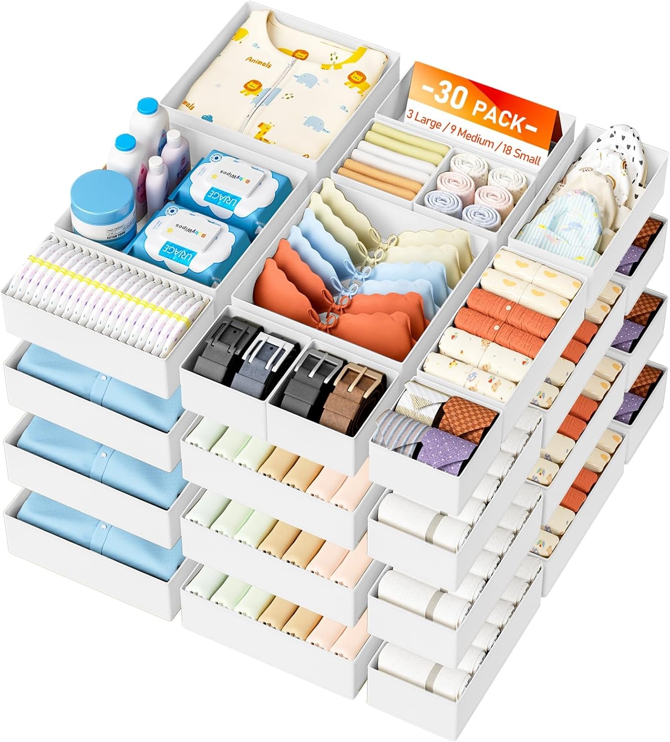 image:imageDIMJ Drawer Organizer Clothes Storage 24 Pack Baby Dresser Organizer for Nursery Small Fabric Closet Drawer Organizer Bins for Underwears Socks Foldable Storage Dividers Organization for BedroomWhite
