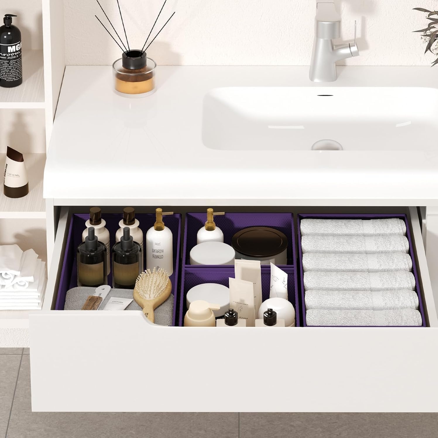 image:imageDIMJ Drawer Organizer Clothes Storage 24 Pack Baby Dresser Organizer for Nursery Small Fabric Closet Drawer Organizer Bins for Underwears Socks Foldable Storage Dividers Organization for BedroomPurple