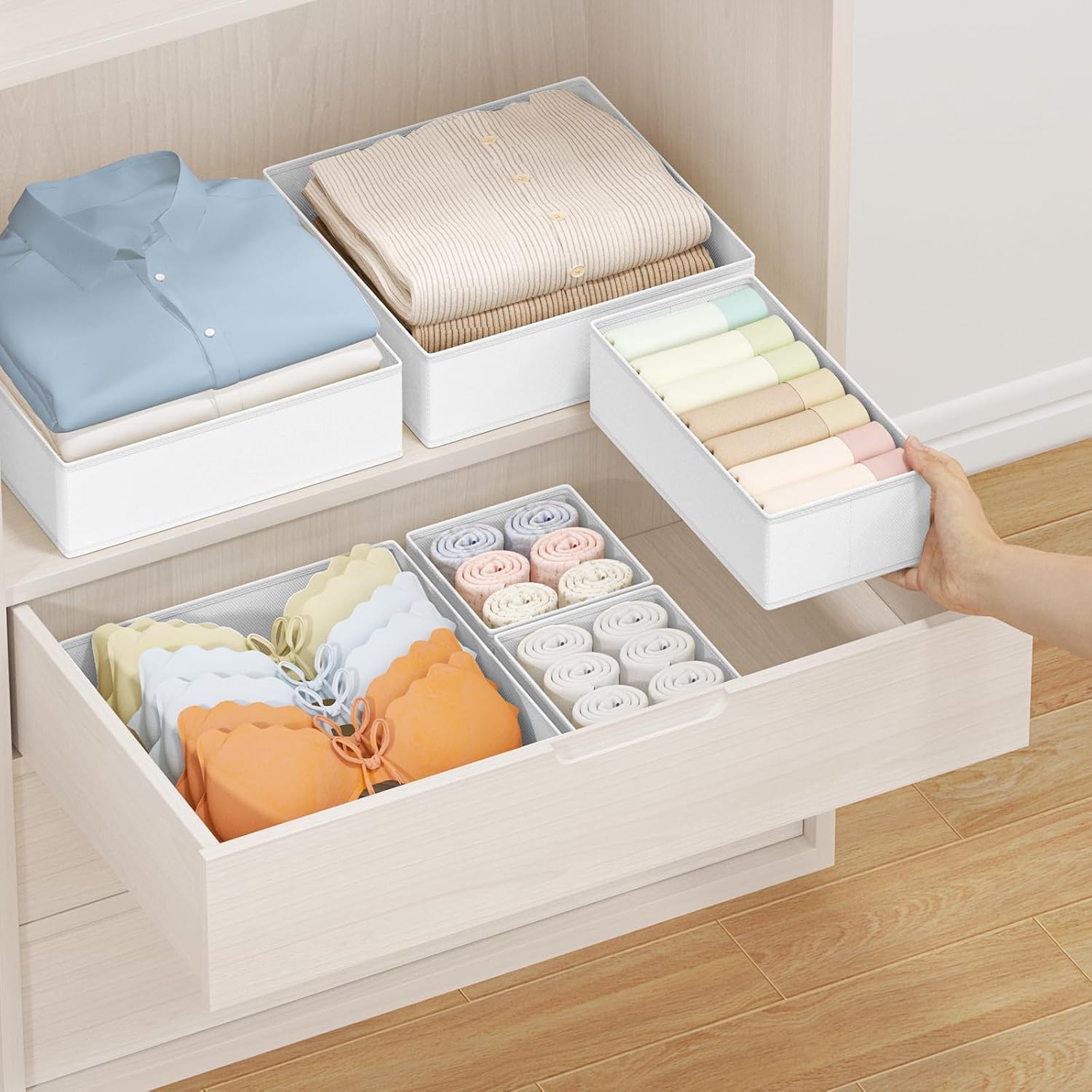 image:imageDIMJ Drawer Organizer Clothes Storage 24 Pack Baby Dresser Organizer for Nursery Small Fabric Closet Drawer Organizer Bins for Underwears Socks Foldable Storage Dividers Organization for BedroomWhite