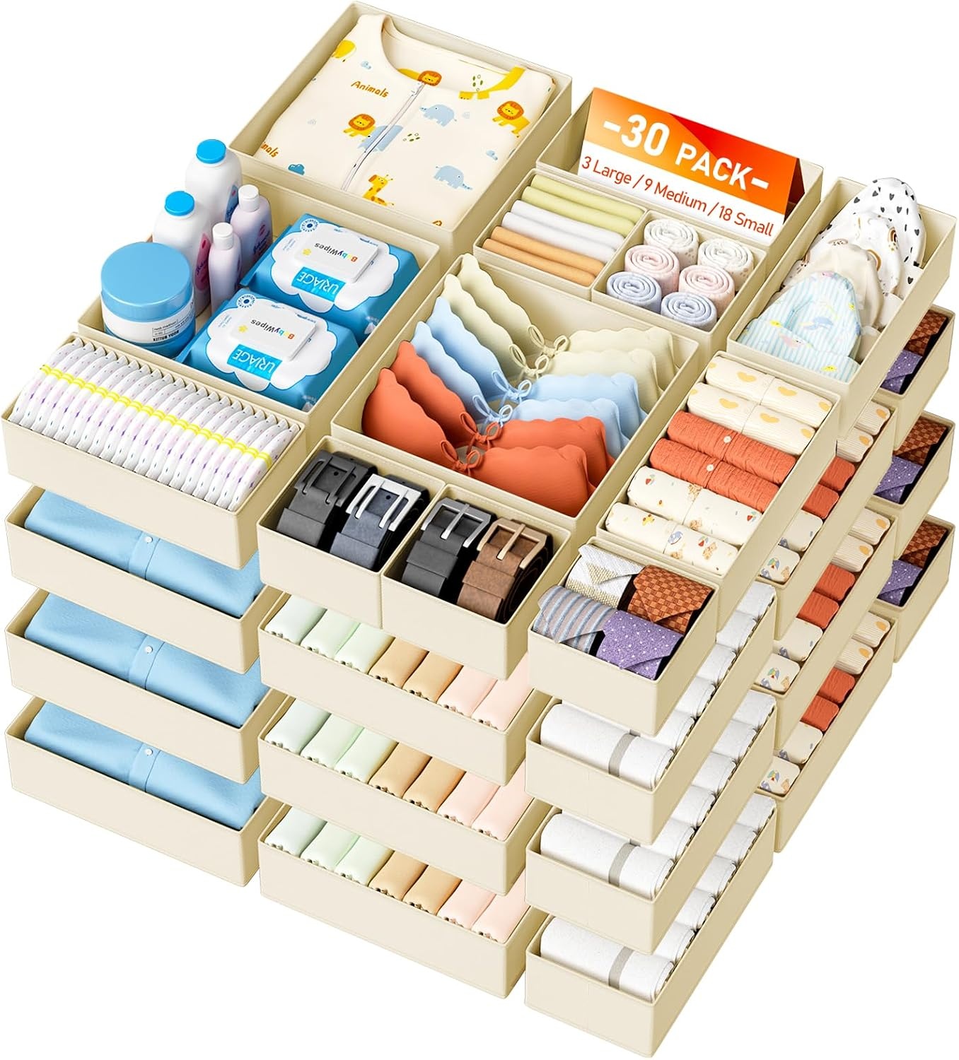 image:imageDIMJ Drawer Organizer Clothes Storage 24 Pack Baby Dresser Organizer for Nursery Small Fabric Closet Drawer Organizer Bins for Underwears Socks Foldable Storage Dividers Organization for BedroomBeige