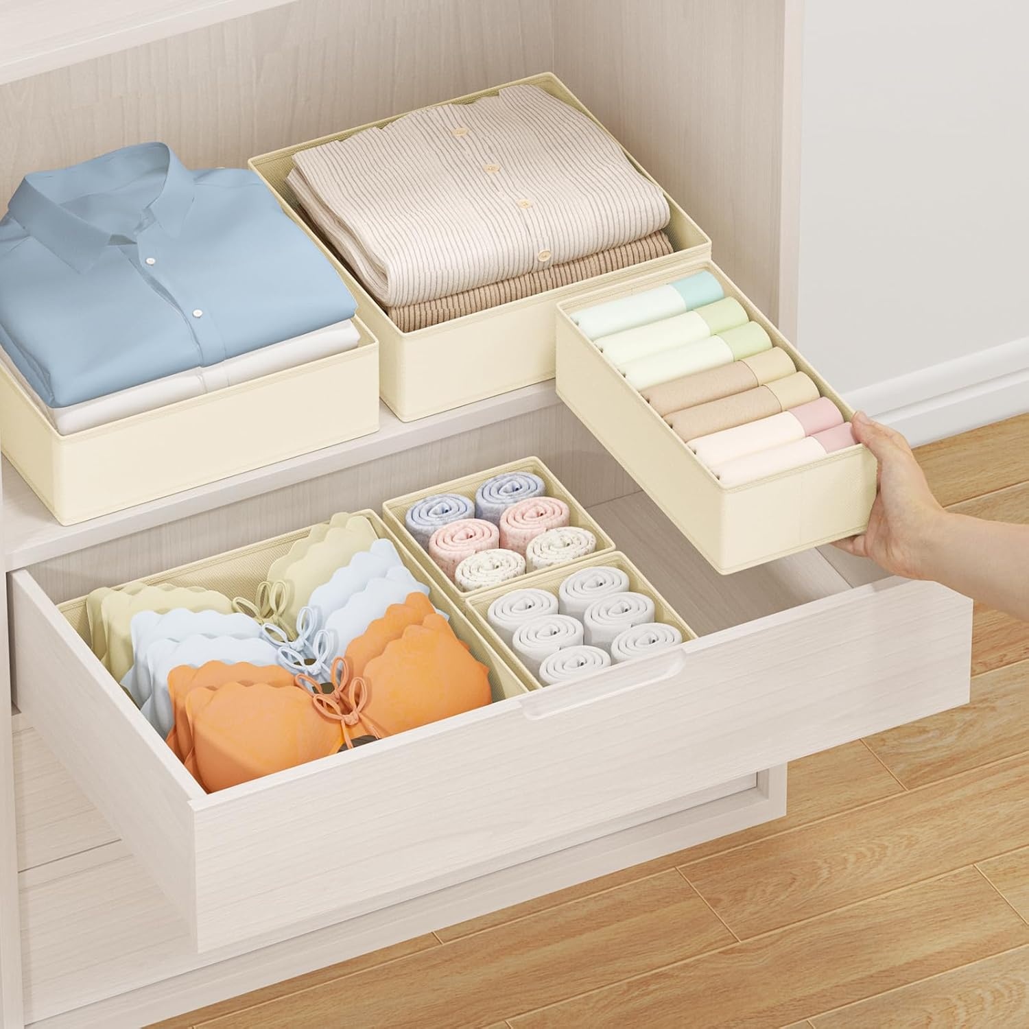image:imageDIMJ Drawer Organizer Clothes Storage 24 Pack Baby Dresser Organizer for Nursery Small Fabric Closet Drawer Organizer Bins for Underwears Socks Foldable Storage Dividers Organization for BedroomBeige