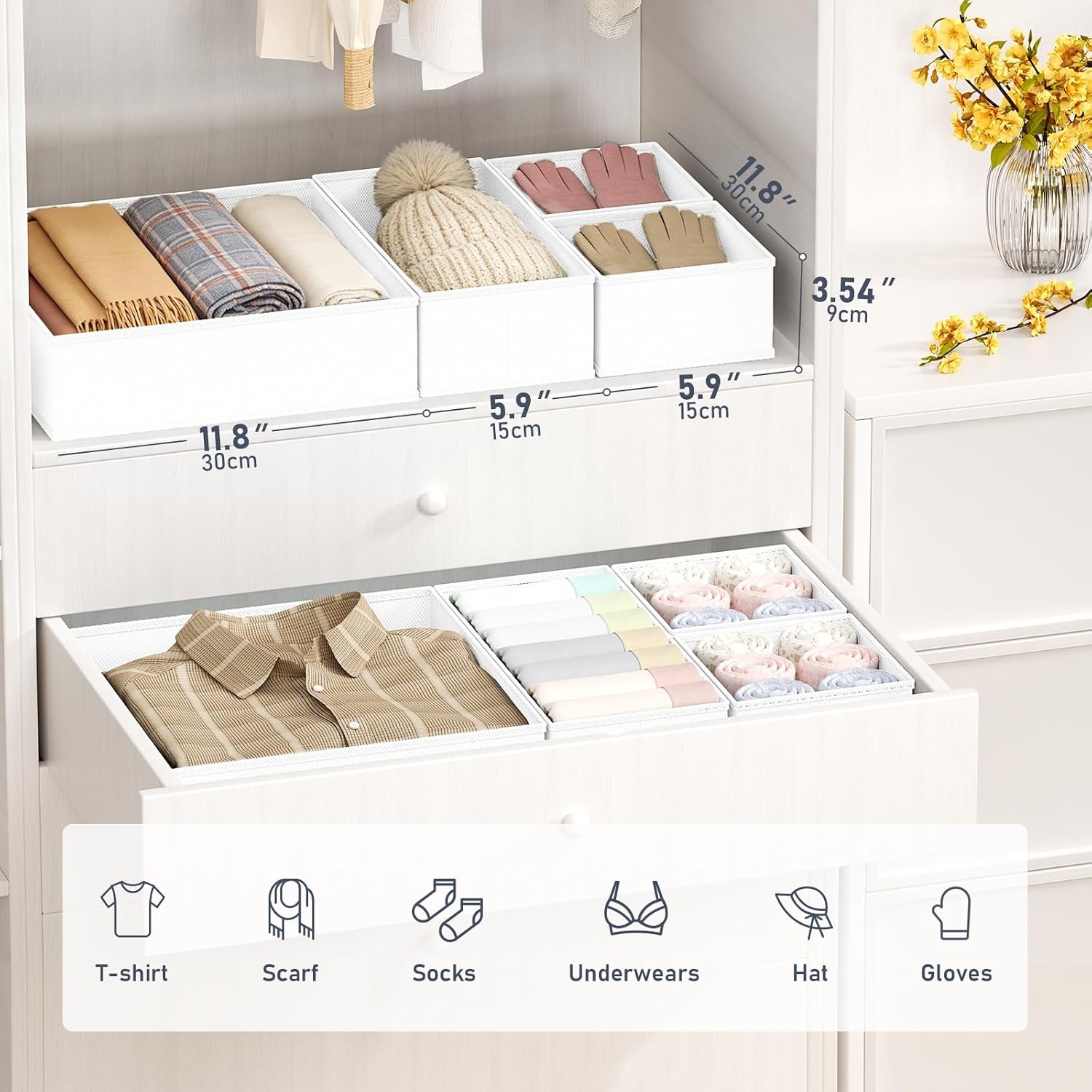 image:imageDIMJ Drawer Organizer Clothes Storage 24 Pack Baby Dresser Organizer for Nursery Small Fabric Closet Drawer Organizer Bins for Underwears Socks Foldable Storage Dividers Organization for BedroomWhite