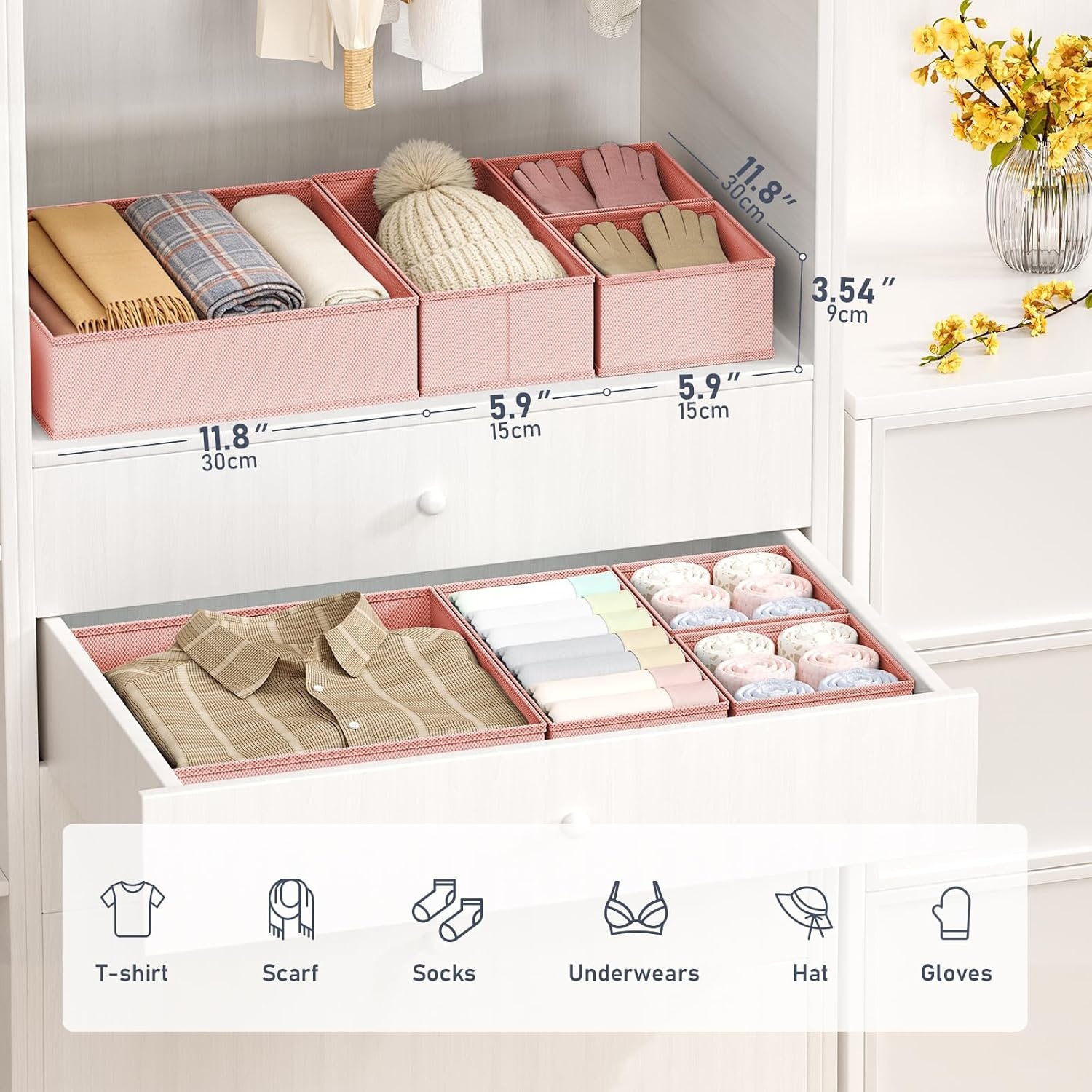 image:imageDIMJ Drawer Organizer Clothes Storage 24 Pack Baby Dresser Organizer for Nursery Small Fabric Closet Drawer Organizer Bins for Underwears Socks Foldable Storage Dividers Organization for BedroomPink