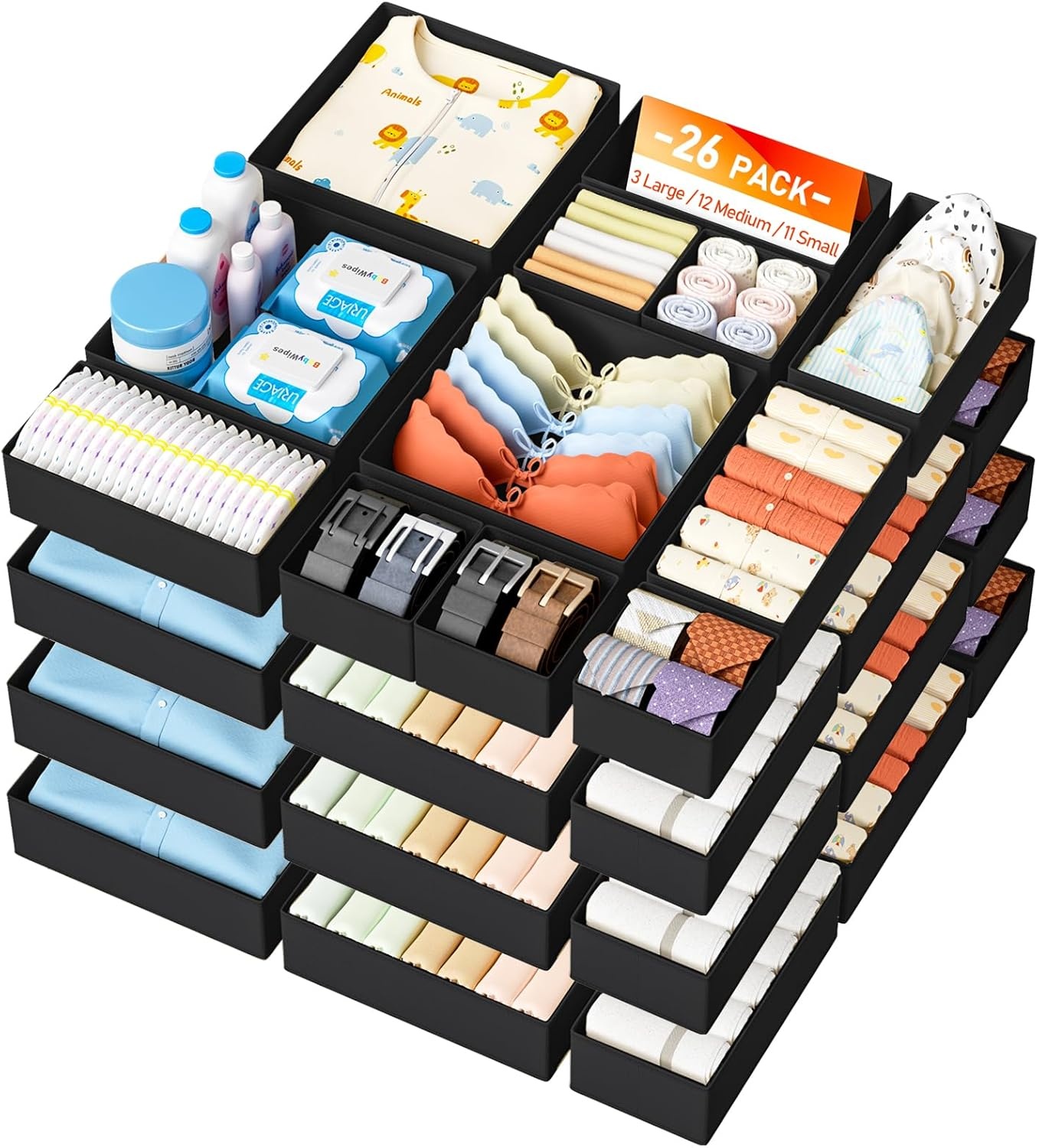image:imageDIMJ Drawer Organizer Clothes Storage 24 Pack Baby Dresser Organizer for Nursery Small Fabric Closet Drawer Organizer Bins for Underwears Socks Foldable Storage Dividers Organization for BedroomBlack