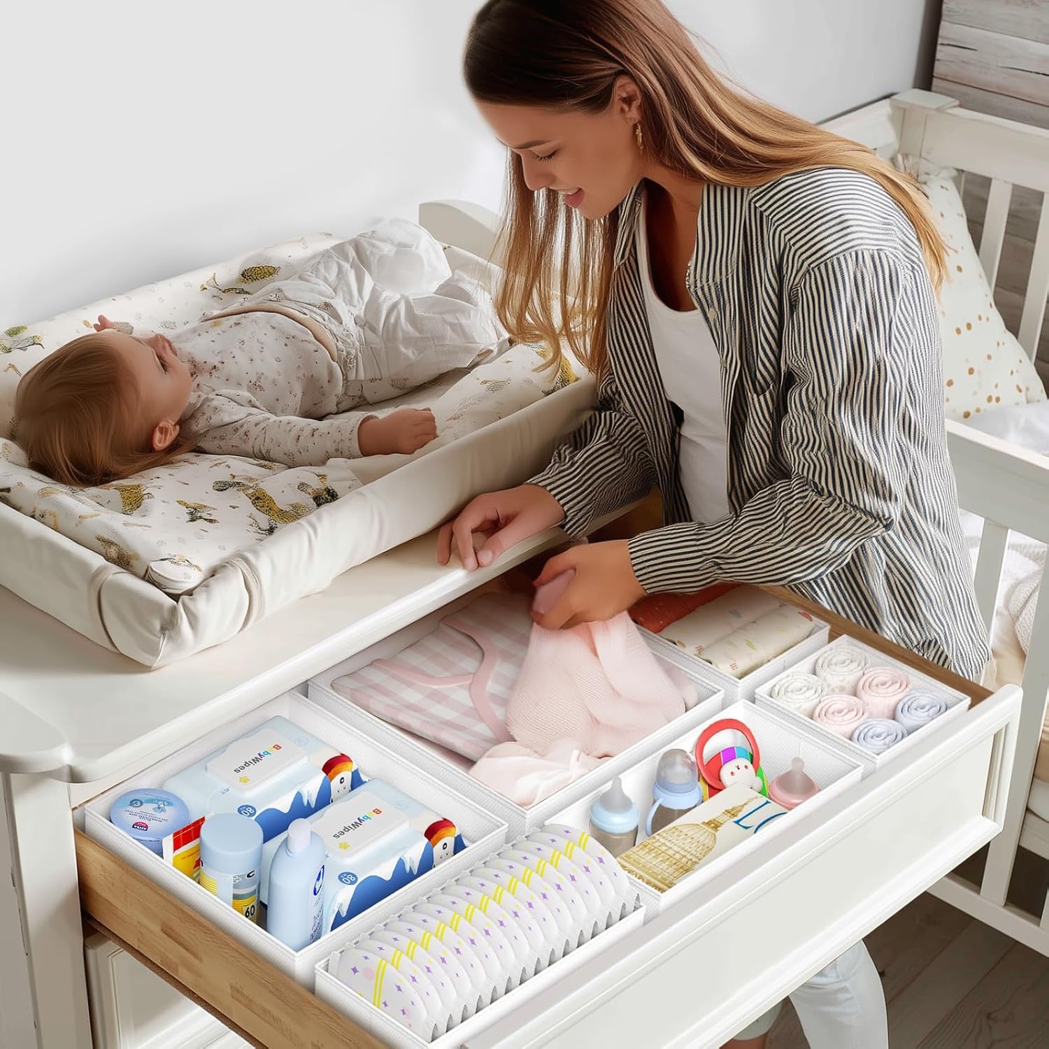 image:imageDIMJ Drawer Organizer Clothes Storage 24 Pack Baby Dresser Organizer for Nursery Small Fabric Closet Drawer Organizer Bins for Underwears Socks Foldable Storage Dividers Organization for BedroomWhite