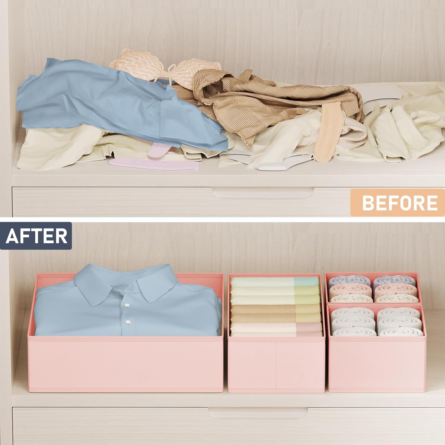 image:imageDIMJ Drawer Organizer Clothes Storage 24 Pack Baby Dresser Organizer for Nursery Small Fabric Closet Drawer Organizer Bins for Underwears Socks Foldable Storage Dividers Organization for BedroomPink