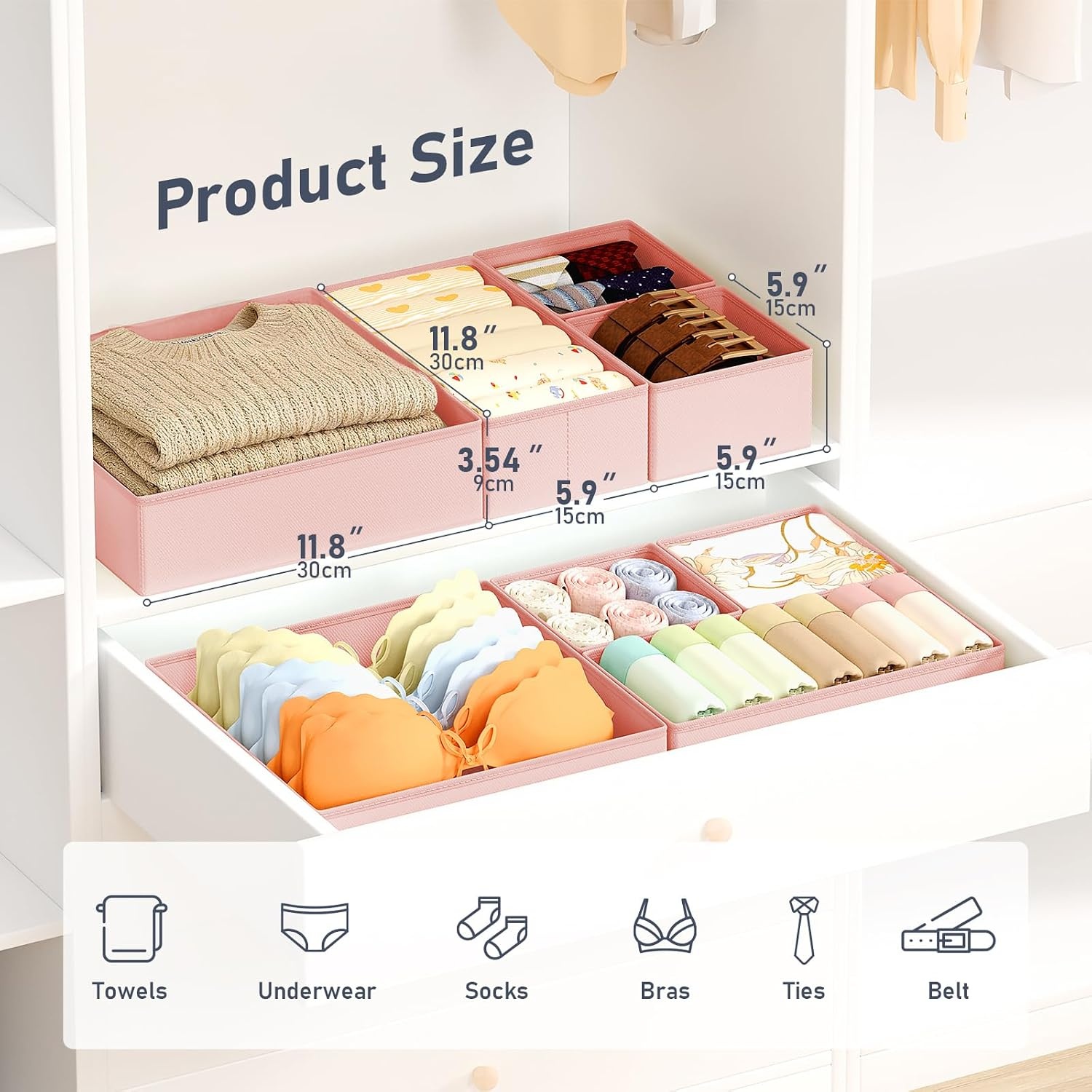 image:imageDIMJ Drawer Organizer Clothes Storage 24 Pack Baby Dresser Organizer for Nursery Small Fabric Closet Drawer Organizer Bins for Underwears Socks Foldable Storage Dividers Organization for BedroomPink