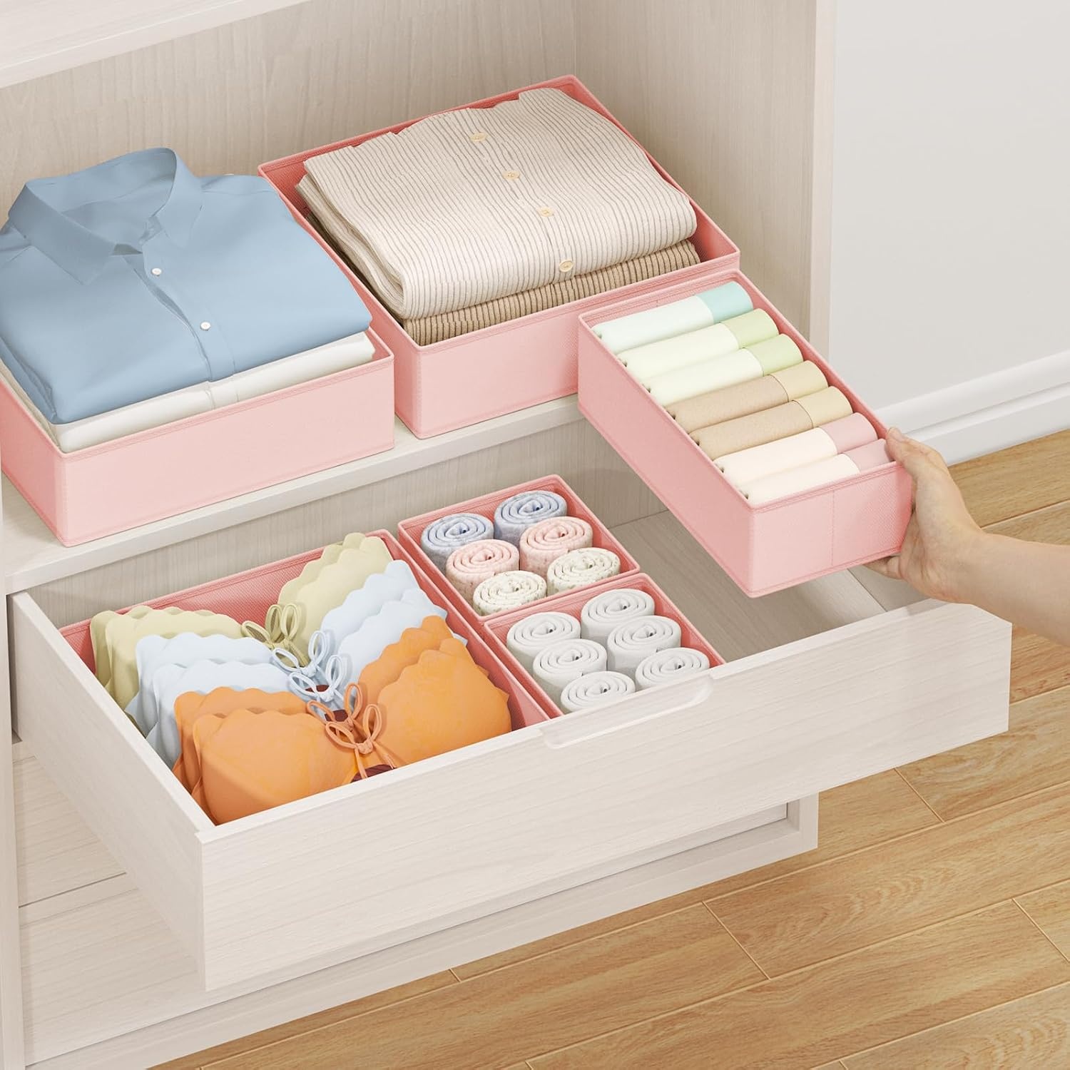 image:imageDIMJ Drawer Organizer Clothes Storage 24 Pack Baby Dresser Organizer for Nursery Small Fabric Closet Drawer Organizer Bins for Underwears Socks Foldable Storage Dividers Organization for BedroomPink