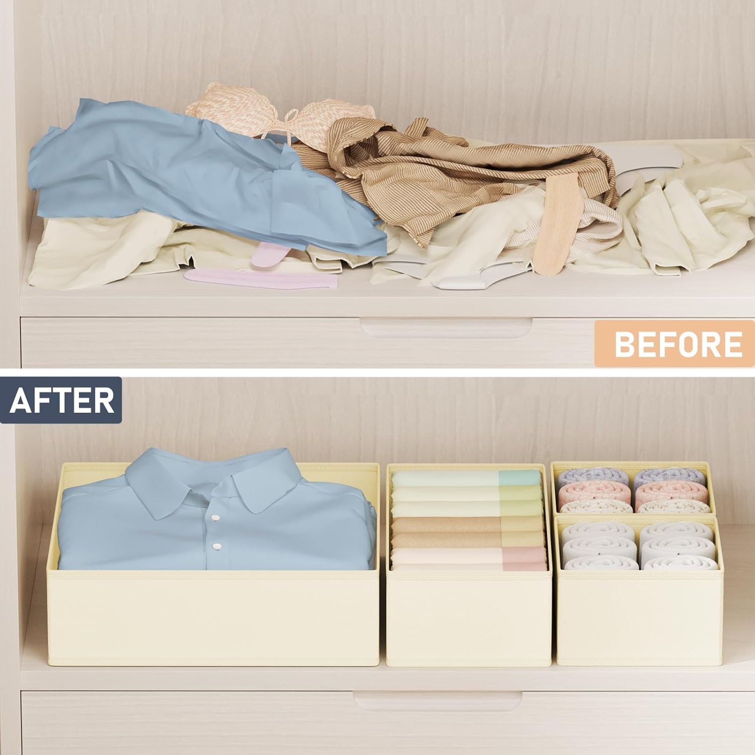 image:imageDIMJ Drawer Organizer Clothes Storage 24 Pack Baby Dresser Organizer for Nursery Small Fabric Closet Drawer Organizer Bins for Underwears Socks Foldable Storage Dividers Organization for BedroomBeige