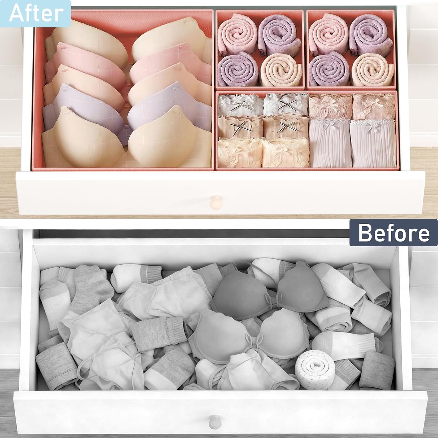 image:imageDIMJ Drawer Organizer Clothes Storage 24 Pack Baby Dresser Organizer for Nursery Small Fabric Closet Drawer Organizer Bins for Underwears Socks Foldable Storage Dividers Organization for BedroomPink