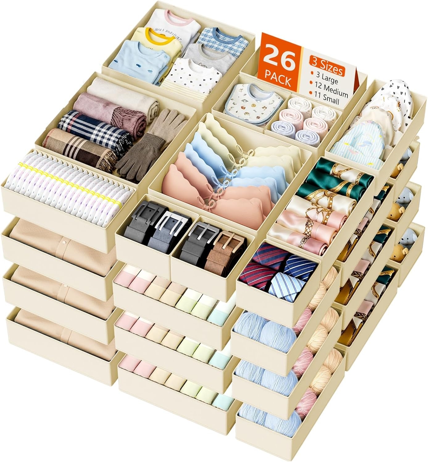 image:imageDIMJ Drawer Organizer Clothes Storage 30 Pack Baby Dresser Organizer for Nursery Small Fabric Closet Drawer Organizer Bins for Underwears Socks Foldable Storage Dividers Organization for BedroomBeige