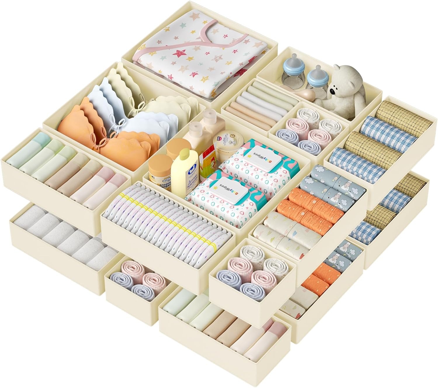 image:imageDIMJ Drawer Organizer Clothes Storage 30 Pack Baby Dresser Organizer for Nursery Small Fabric Closet Drawer Organizer Bins for Underwears Socks Foldable Storage Dividers Organization for BedroomBeige