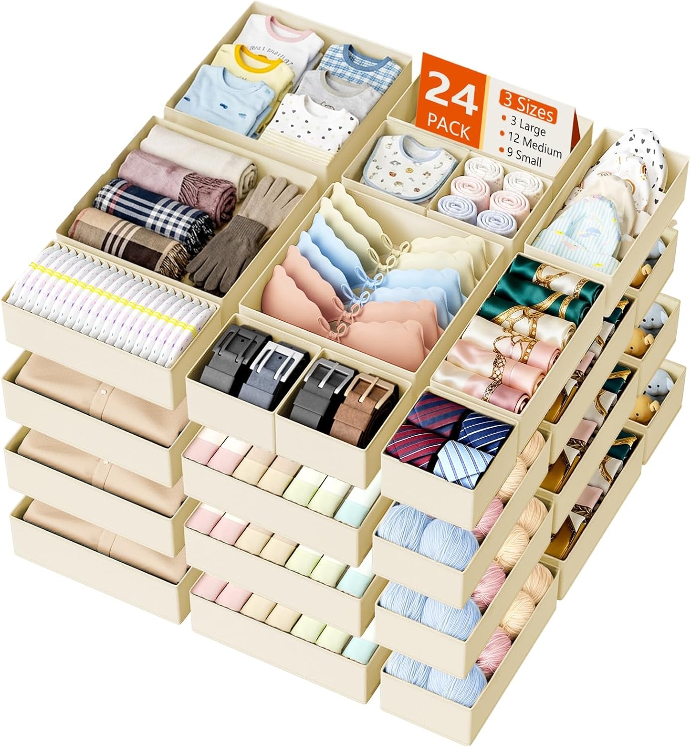image:imageDIMJ Drawer Organizer Clothes Storage 30 Pack Baby Dresser Organizer for Nursery Small Fabric Closet Drawer Organizer Bins for Underwears Socks Foldable Storage Dividers Organization for BedroomBeige