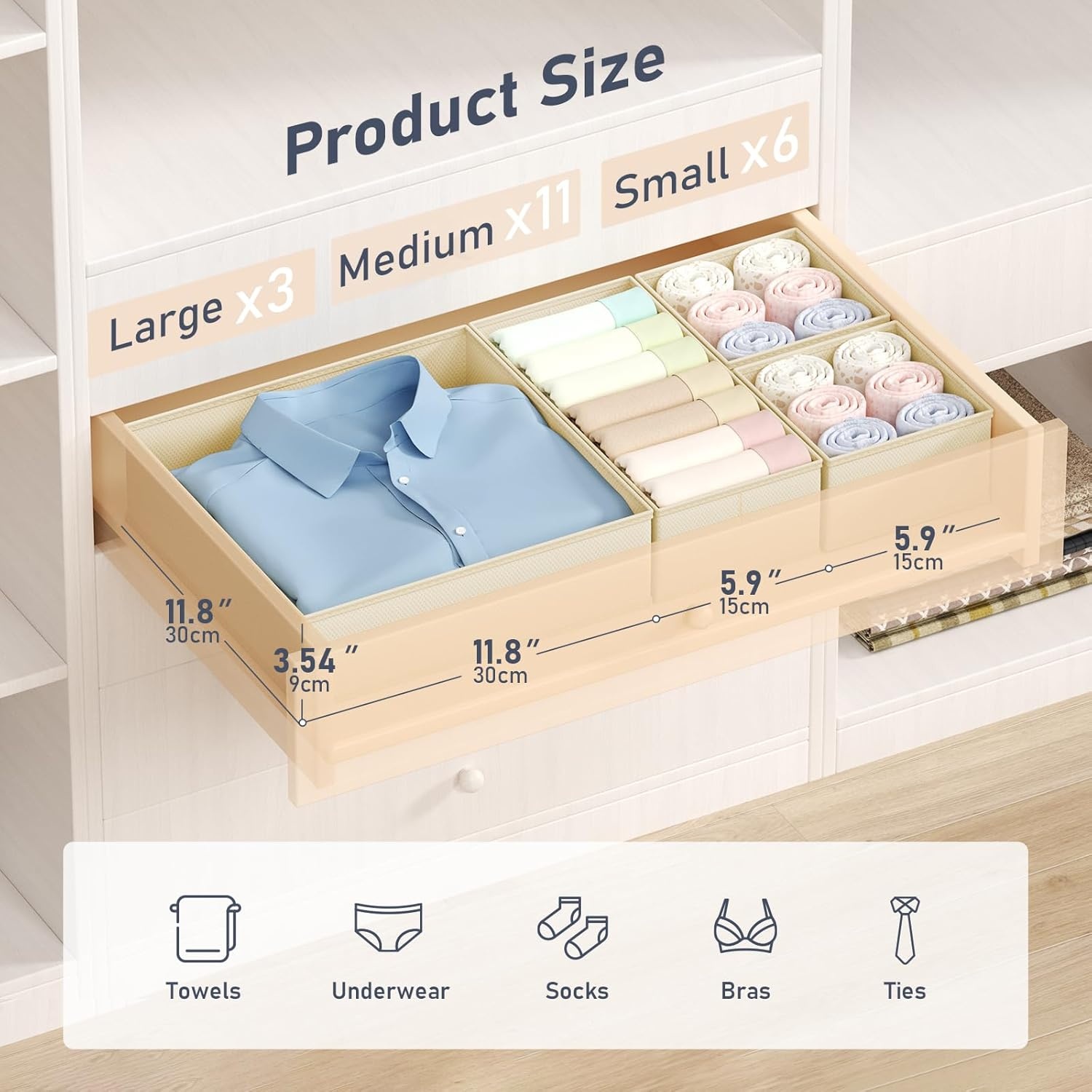 image:imageDIMJ Drawer Organizer Clothes Storage 30 Pack Baby Dresser Organizer for Nursery Small Fabric Closet Drawer Organizer Bins for Underwears Socks Foldable Storage Dividers Organization for BedroomBeige