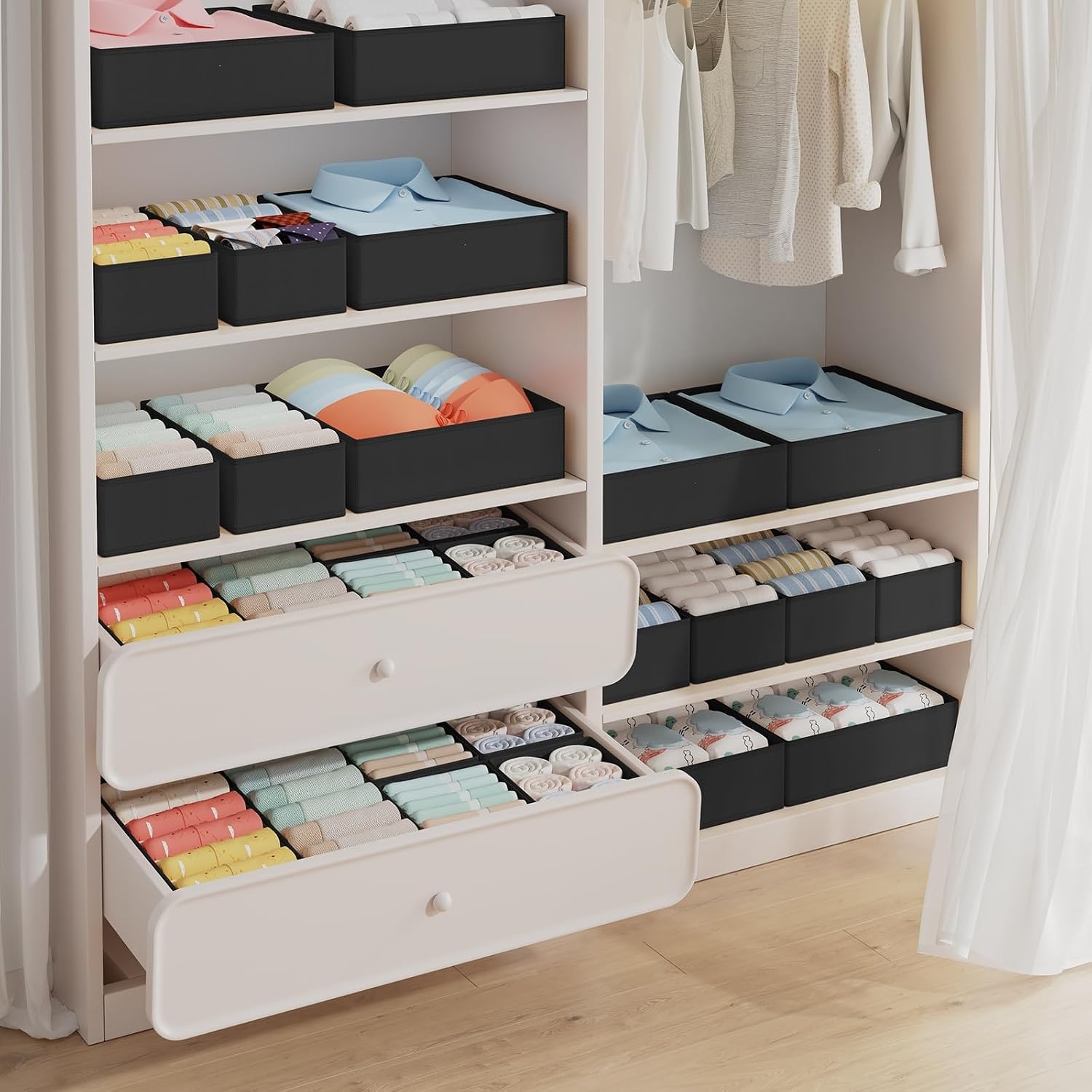 image:imageDIMJ Drawer Organizer Clothes Storage 30 Pack Baby Dresser Organizer for Nursery Small Fabric Closet Drawer Organizer Bins for Underwears Socks Foldable Storage Dividers Organization for BedroomBlack