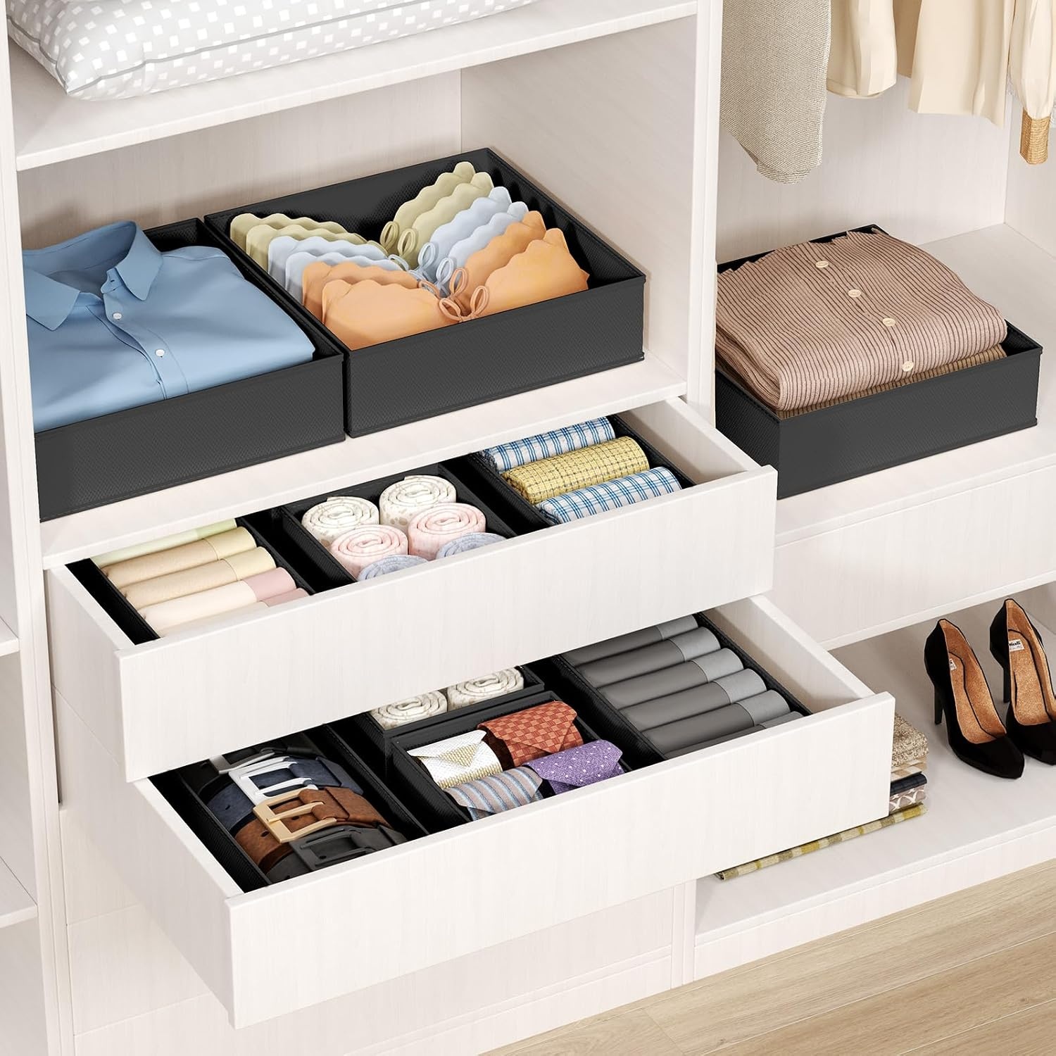 image:imageDIMJ Drawer Organizer Clothes Storage 30 Pack Baby Dresser Organizer for Nursery Small Fabric Closet Drawer Organizer Bins for Underwears Socks Foldable Storage Dividers Organization for BedroomBlack