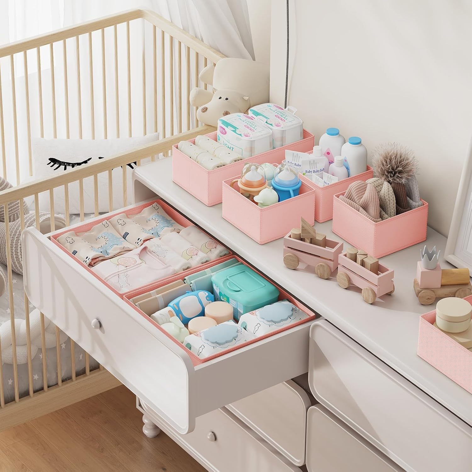 image:imageDIMJ Drawer Organizer Clothes Storage 30 Pack Baby Dresser Organizer for Nursery Small Fabric Closet Drawer Organizer Bins for Underwears Socks Foldable Storage Dividers Organization for BedroomPink