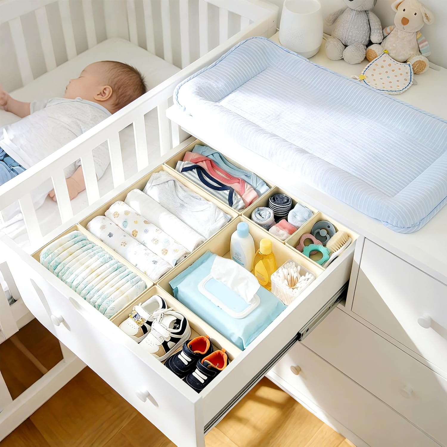 image:imageDIMJ Drawer Organizer Clothes Storage 30 Pack Baby Dresser Organizer for Nursery Small Fabric Closet Drawer Organizer Bins for Underwears Socks Foldable Storage Dividers Organization for BedroomBeige