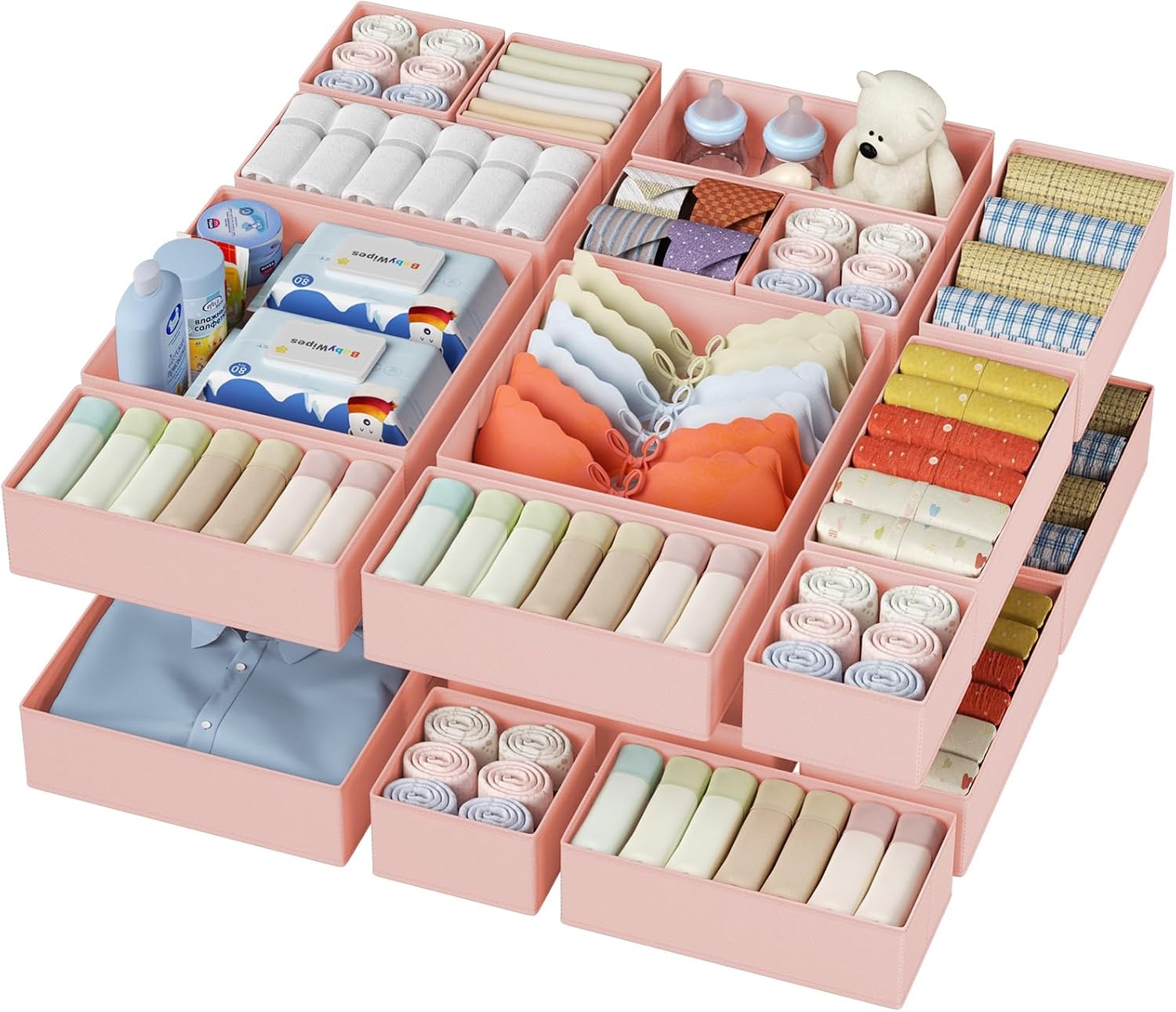image:imageDIMJ Drawer Organizer Clothes Storage 30 Pack Baby Dresser Organizer for Nursery Small Fabric Closet Drawer Organizer Bins for Underwears Socks Foldable Storage Dividers Organization for BedroomPink