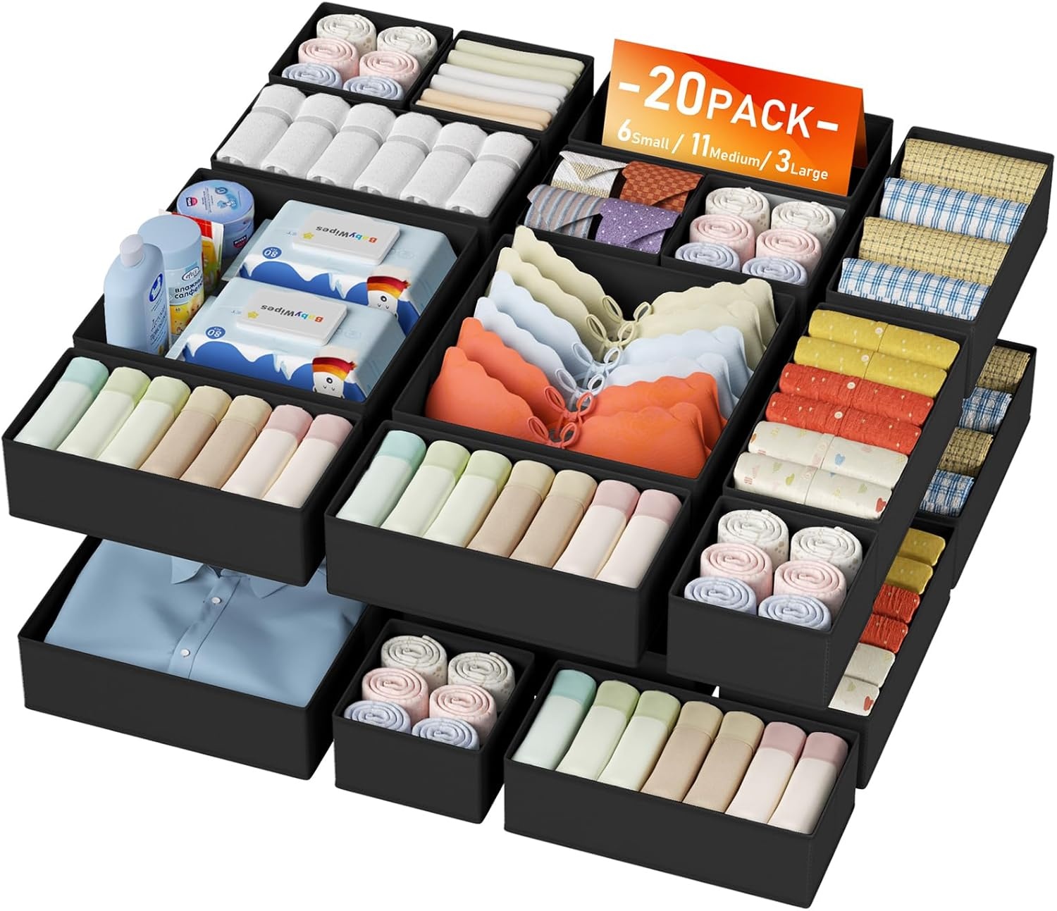 image:imageDIMJ Drawer Organizer Clothes Storage 30 Pack Baby Dresser Organizer for Nursery Small Fabric Closet Drawer Organizer Bins for Underwears Socks Foldable Storage Dividers Organization for BedroomBlack