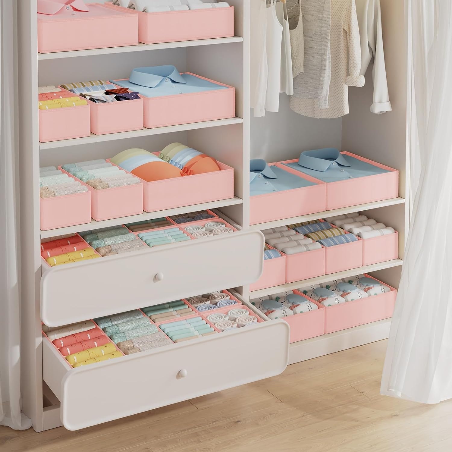 image:imageDIMJ Drawer Organizer Clothes Storage 30 Pack Baby Dresser Organizer for Nursery Small Fabric Closet Drawer Organizer Bins for Underwears Socks Foldable Storage Dividers Organization for BedroomPink
