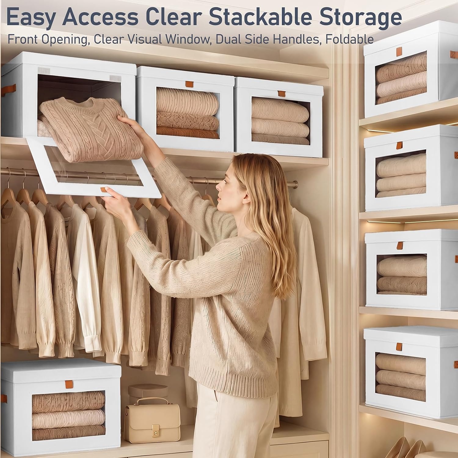 image:imageDIMJ Storage Bins with Lids 6 Pack Front Opening Stackable Fabric Storage Boxes with Clear Window amp Handles Collapsible Closet Organizers for Clothes Sweaters Shelf Storage Bedroom GrayWhite