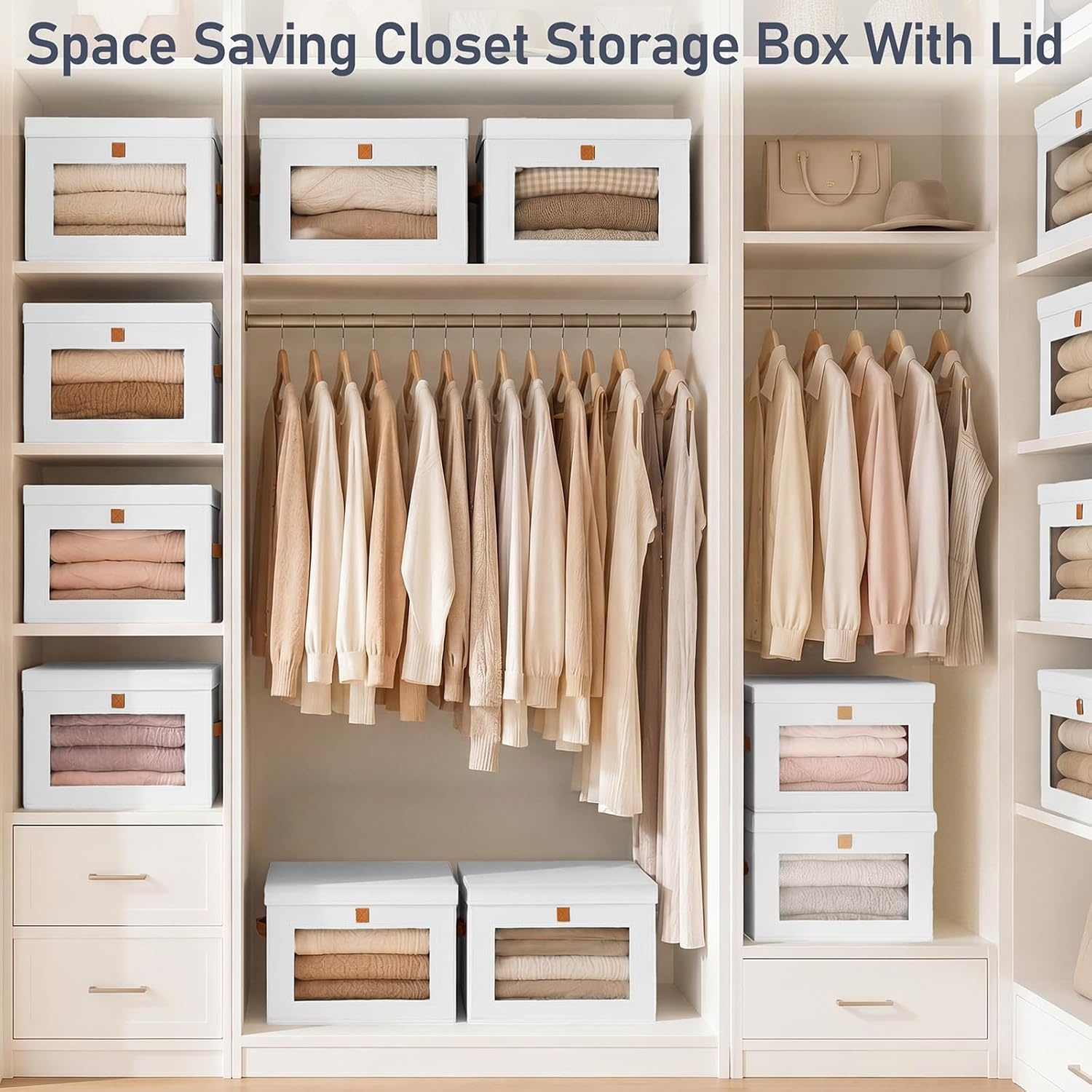image:imageDIMJ Storage Bins with Lids 6 Pack Front Opening Stackable Fabric Storage Boxes with Clear Window amp Handles Collapsible Closet Organizers for Clothes Sweaters Shelf Storage Bedroom GrayWhite