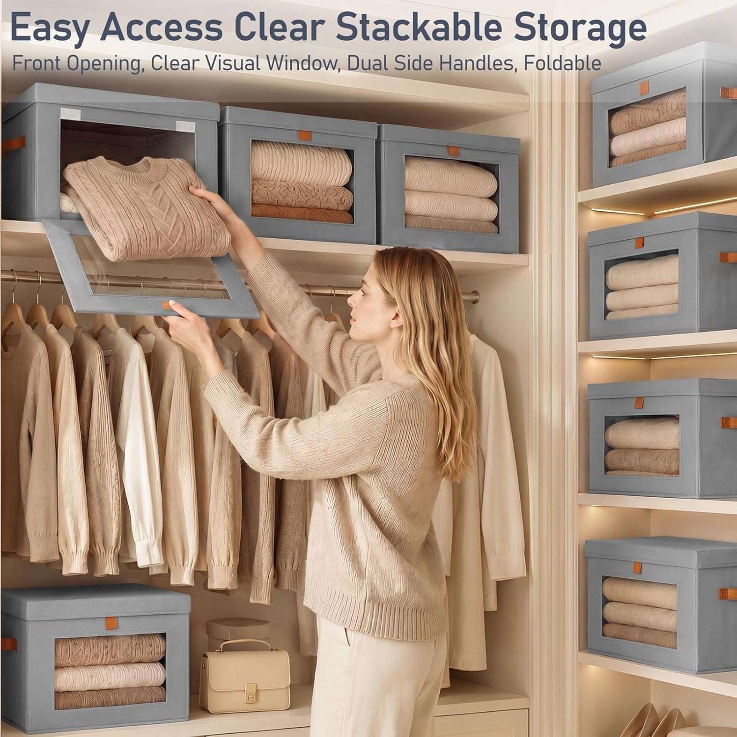 image:imageDIMJ Storage Bins with Lids 6 Pack Front Opening Stackable Fabric Storage Boxes with Clear Window amp Handles Collapsible Closet Organizers for Clothes Sweaters Shelf Storage Bedroom GrayGray