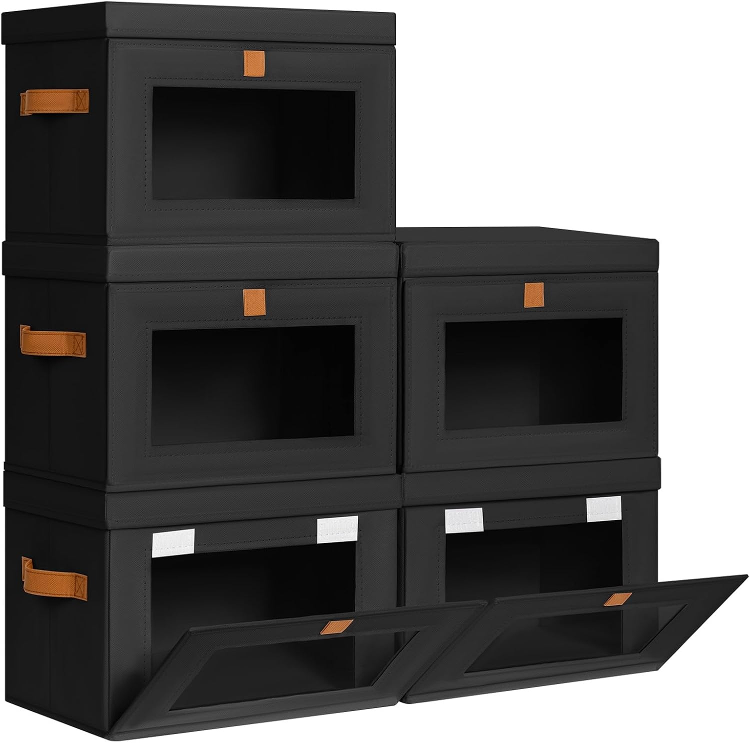 image:imageDIMJ Storage Bins with Lids 6 Pack Front Opening Stackable Fabric Storage Boxes with Clear Window amp Handles Collapsible Closet Organizers for Clothes Sweaters Shelf Storage Bedroom GrayBlack