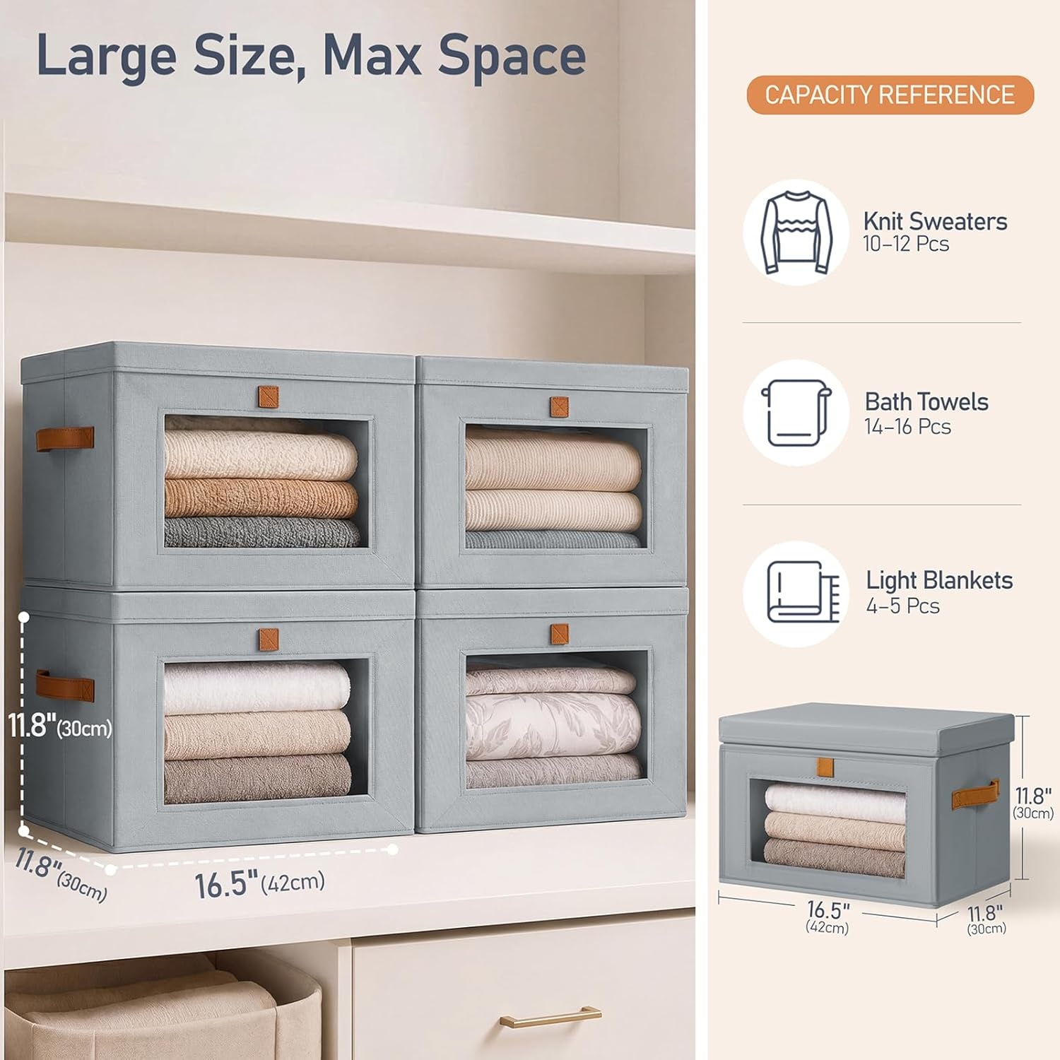image:imageDIMJ Storage Bins with Lids 6 Pack Front Opening Stackable Fabric Storage Boxes with Clear Window amp Handles Collapsible Closet Organizers for Clothes Sweaters Shelf Storage Bedroom GrayGray