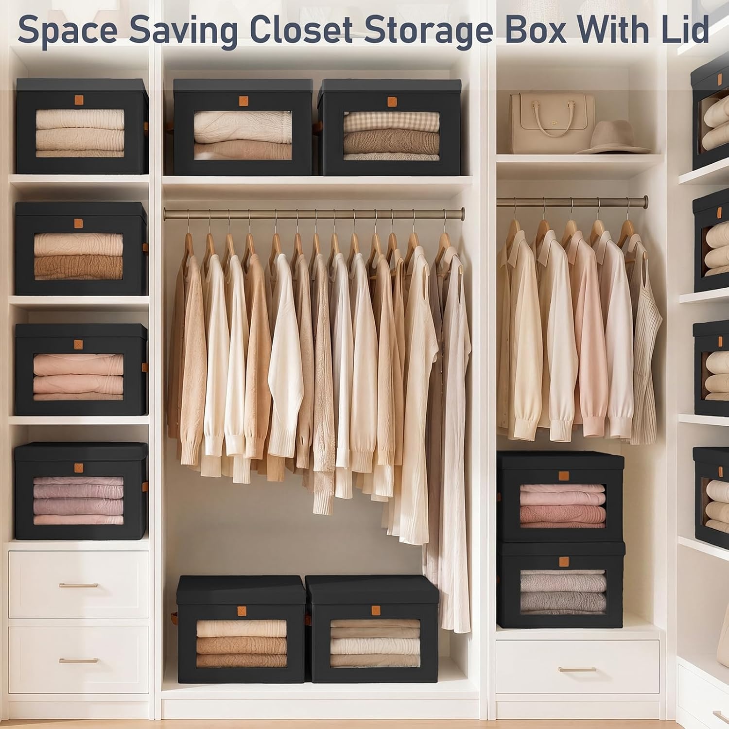image:imageDIMJ Storage Bins with Lids 6 Pack Front Opening Stackable Fabric Storage Boxes with Clear Window amp Handles Collapsible Closet Organizers for Clothes Sweaters Shelf Storage Bedroom GrayBlack