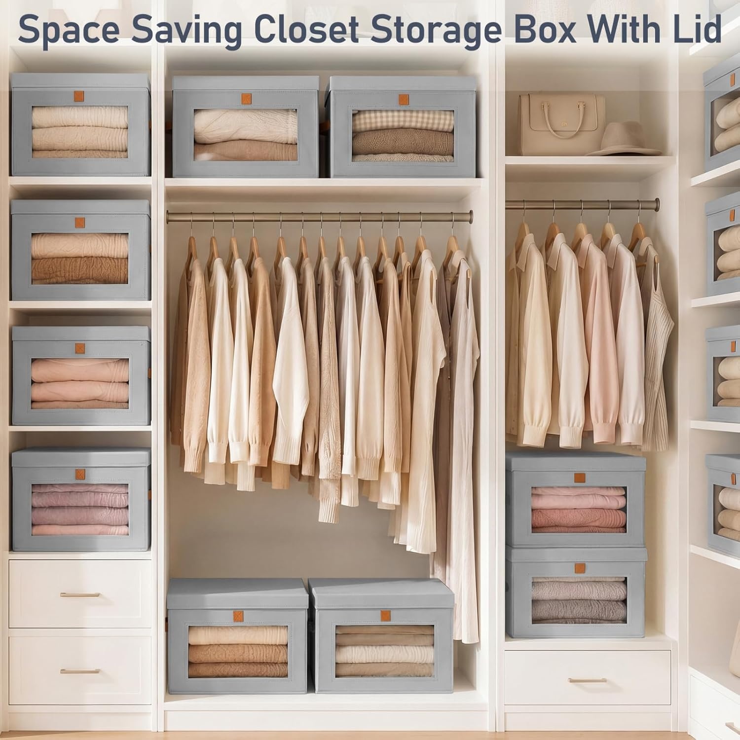 image:imageDIMJ Storage Bins with Lids 6 Pack Front Opening Stackable Fabric Storage Boxes with Clear Window amp Handles Collapsible Closet Organizers for Clothes Sweaters Shelf Storage Bedroom GrayGray