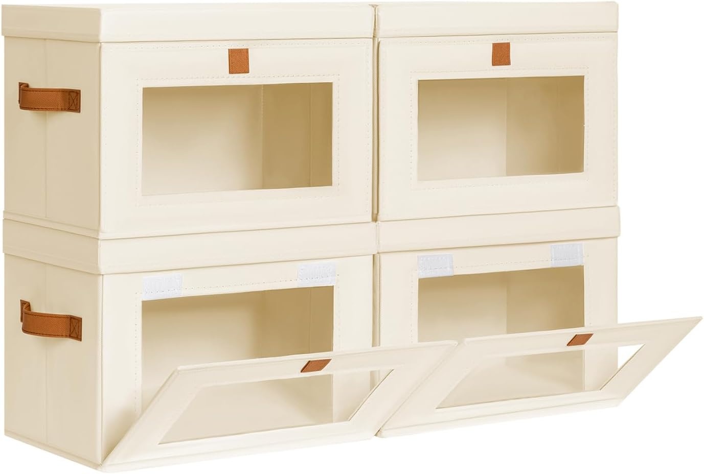 image:imageDIMJ Storage Bins with Lids 6 Pack Front Opening Stackable Fabric Storage Boxes with Clear Window amp Handles Collapsible Closet Organizers for Clothes Sweaters Shelf Storage Bedroom GrayBeige