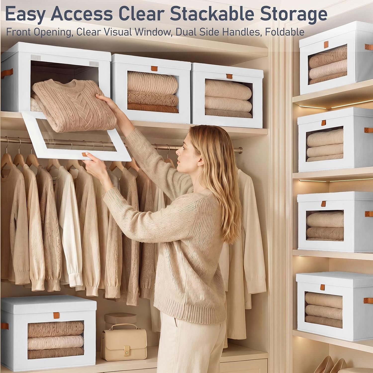 image:imageDIMJ Storage Bins with Lids 6 Pack Front Opening Stackable Fabric Storage Boxes with Clear Window amp Handles Collapsible Closet Organizers for Clothes Sweaters Shelf Storage Bedroom GrayWhite
