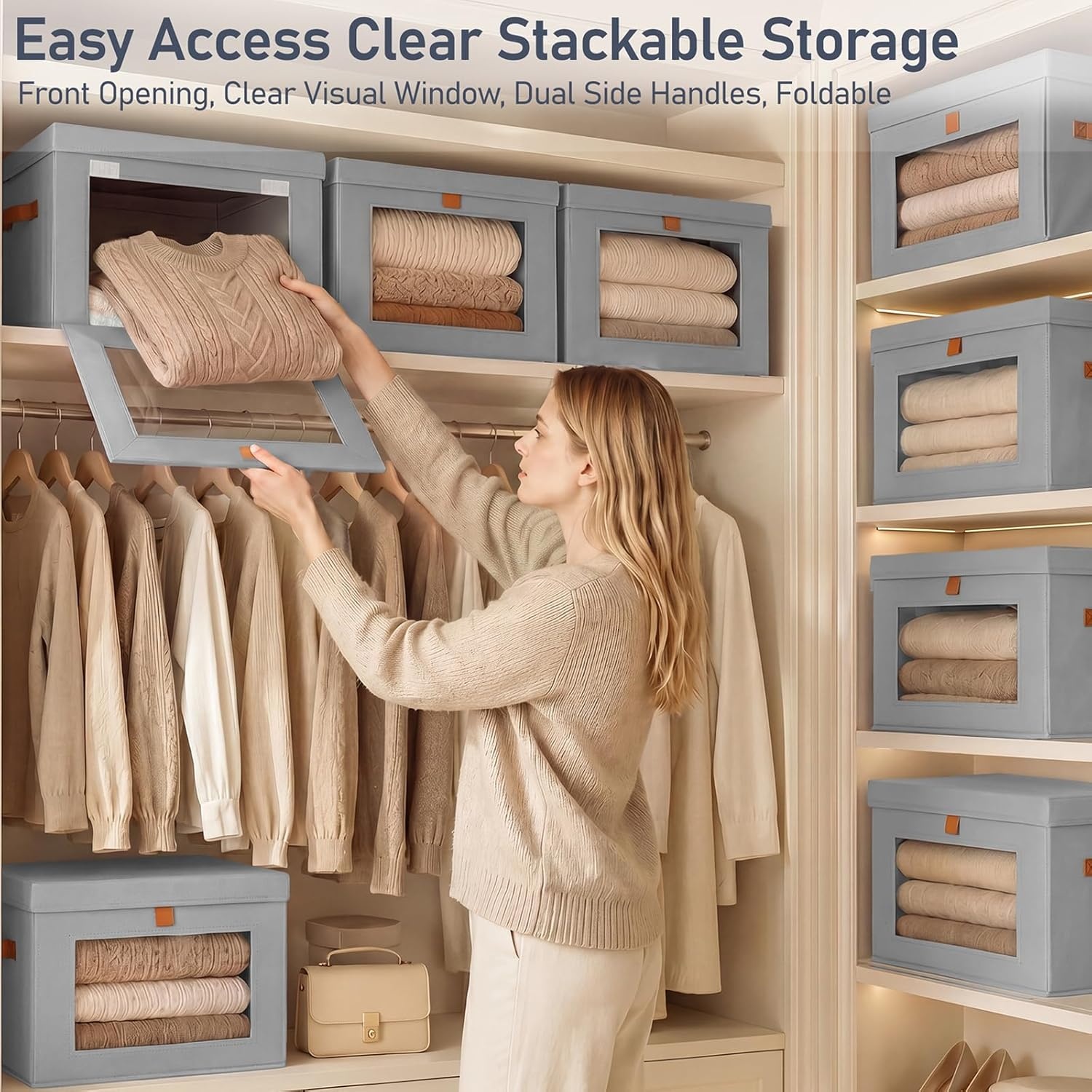 image:imageDIMJ Storage Bins with Lids 6 Pack Front Opening Stackable Fabric Storage Boxes with Clear Window amp Handles Collapsible Closet Organizers for Clothes Sweaters Shelf Storage Bedroom GrayGray