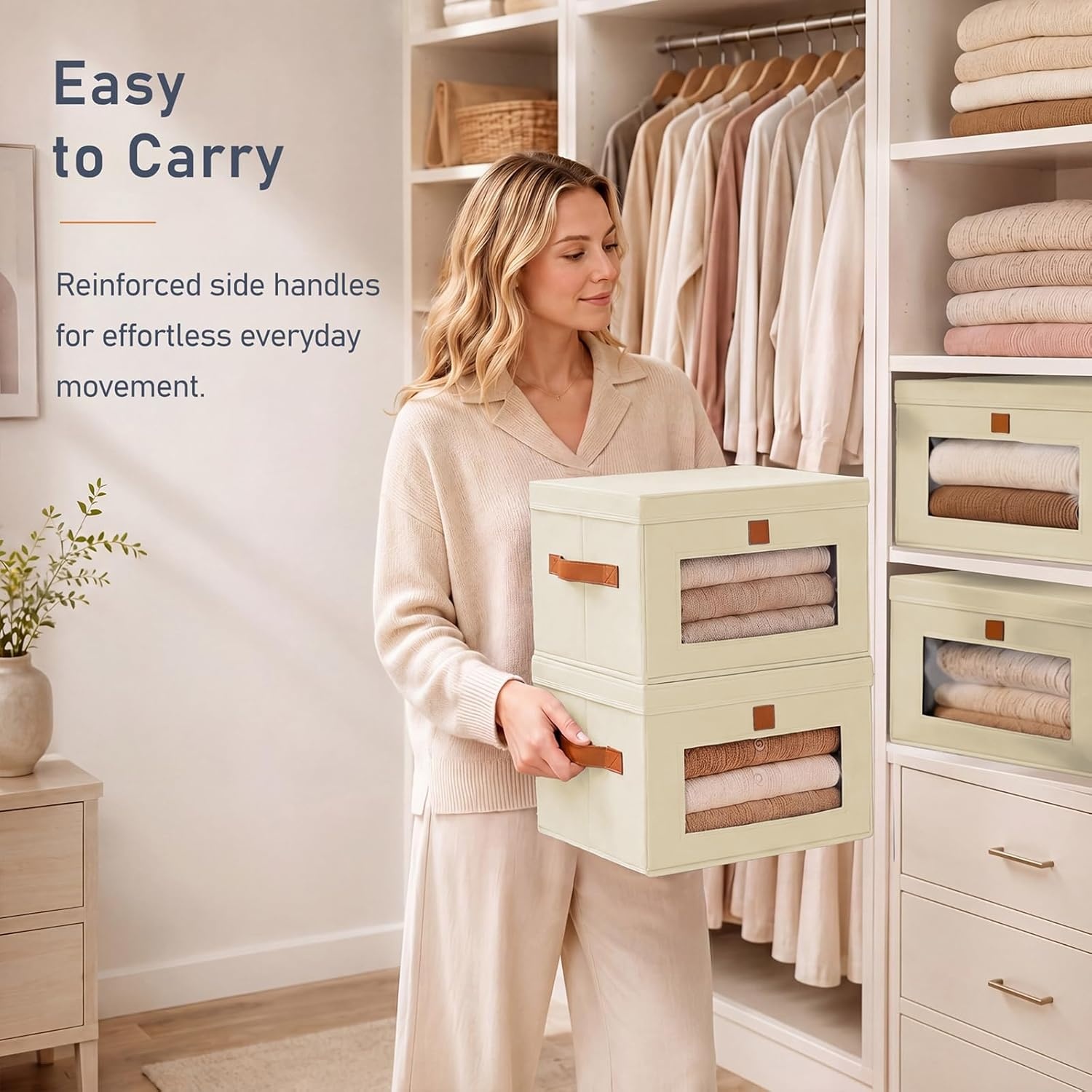 image:imageDIMJ Storage Bins with Lids 6 Pack Front Opening Stackable Fabric Storage Boxes with Clear Window amp Handles Collapsible Closet Organizers for Clothes Sweaters Shelf Storage Bedroom GrayBeige