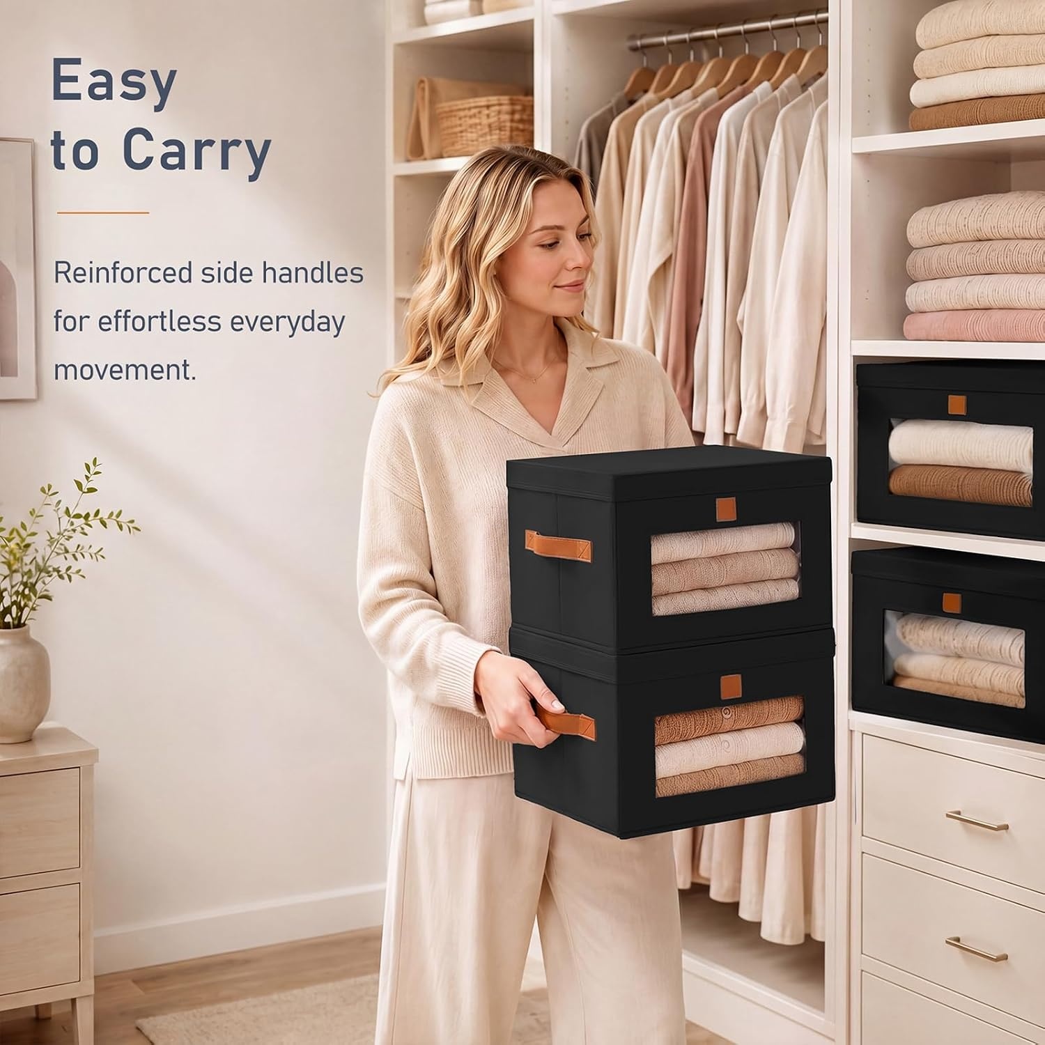 image:imageDIMJ Storage Bins with Lids 6 Pack Front Opening Stackable Fabric Storage Boxes with Clear Window amp Handles Collapsible Closet Organizers for Clothes Sweaters Shelf Storage Bedroom GrayBlack