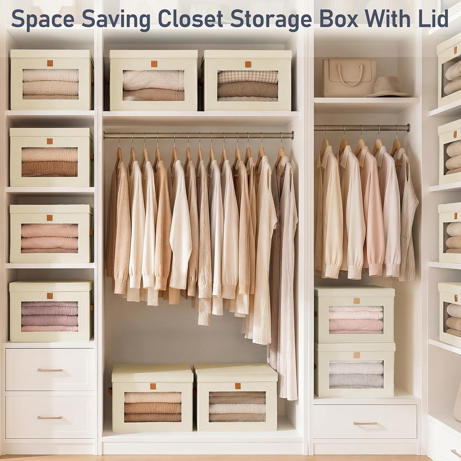 image:imageDIMJ Storage Bins with Lids 6 Pack Front Opening Stackable Fabric Storage Boxes with Clear Window amp Handles Collapsible Closet Organizers for Clothes Sweaters Shelf Storage Bedroom GrayBeige