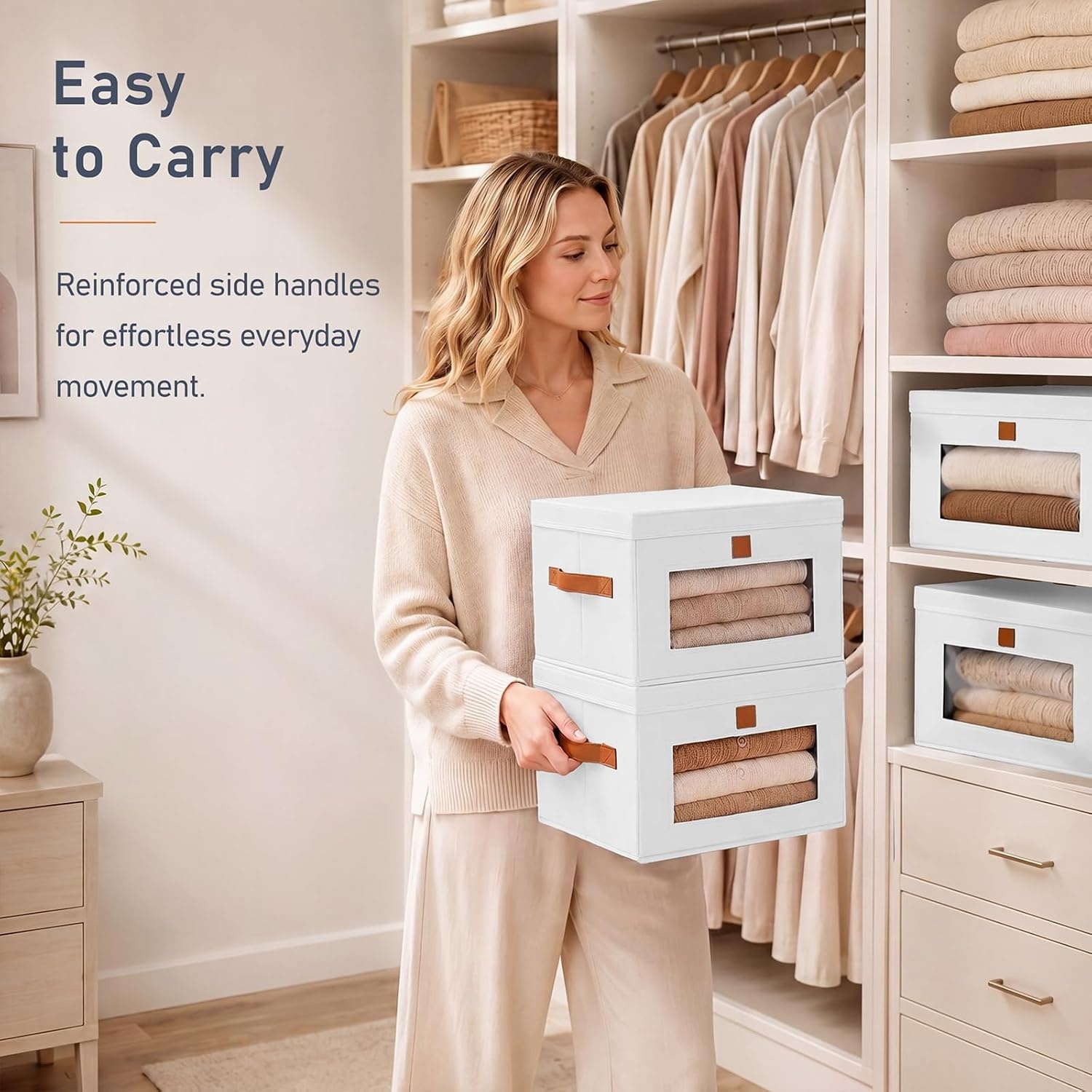 image:imageDIMJ Storage Bins with Lids 6 Pack Front Opening Stackable Fabric Storage Boxes with Clear Window amp Handles Collapsible Closet Organizers for Clothes Sweaters Shelf Storage Bedroom GrayWhite