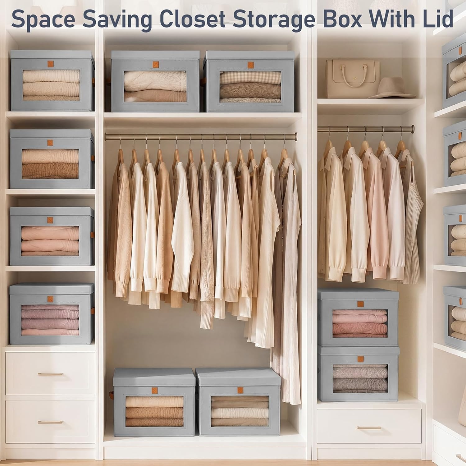 image:imageDIMJ Storage Bins with Lids 6 Pack Front Opening Stackable Fabric Storage Boxes with Clear Window amp Handles Collapsible Closet Organizers for Clothes Sweaters Shelf Storage Bedroom GrayGray