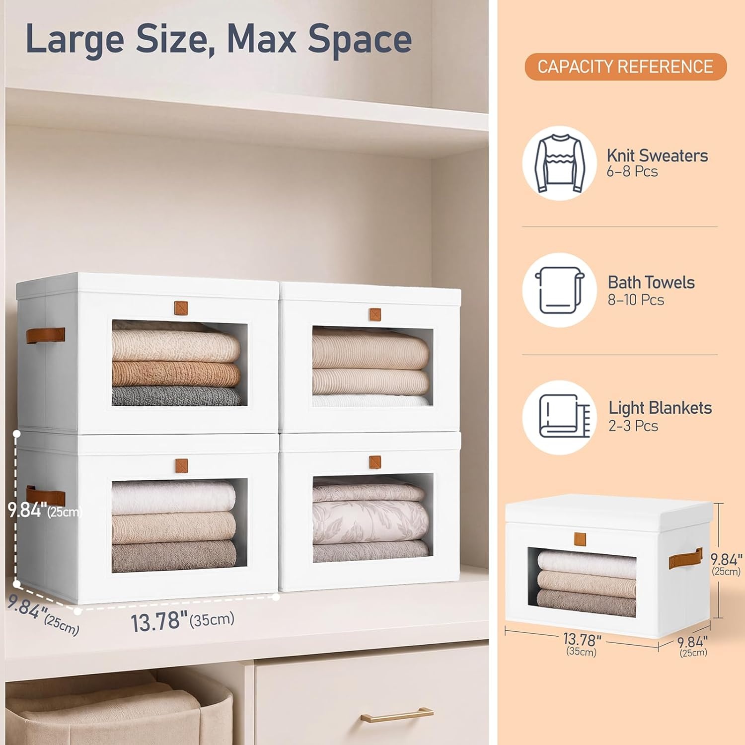 image:imageDIMJ Storage Bins with Lids 6 Pack Front Opening Stackable Fabric Storage Boxes with Clear Window amp Handles Collapsible Closet Organizers for Clothes Sweaters Shelf Storage Bedroom GrayWhite
