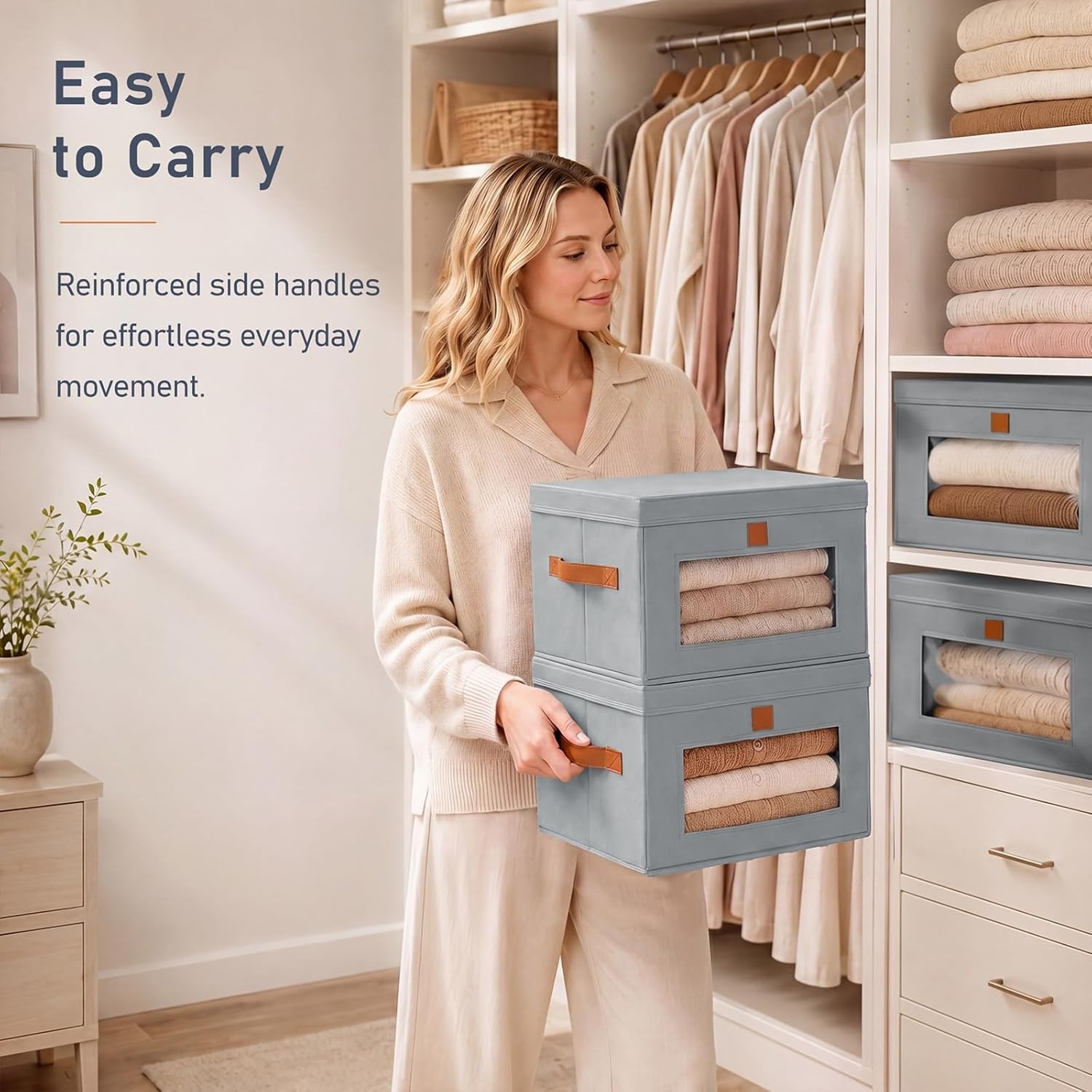 image:imageDIMJ Storage Bins with Lids 6 Pack Front Opening Stackable Fabric Storage Boxes with Clear Window amp Handles Collapsible Closet Organizers for Clothes Sweaters Shelf Storage Bedroom GrayGray