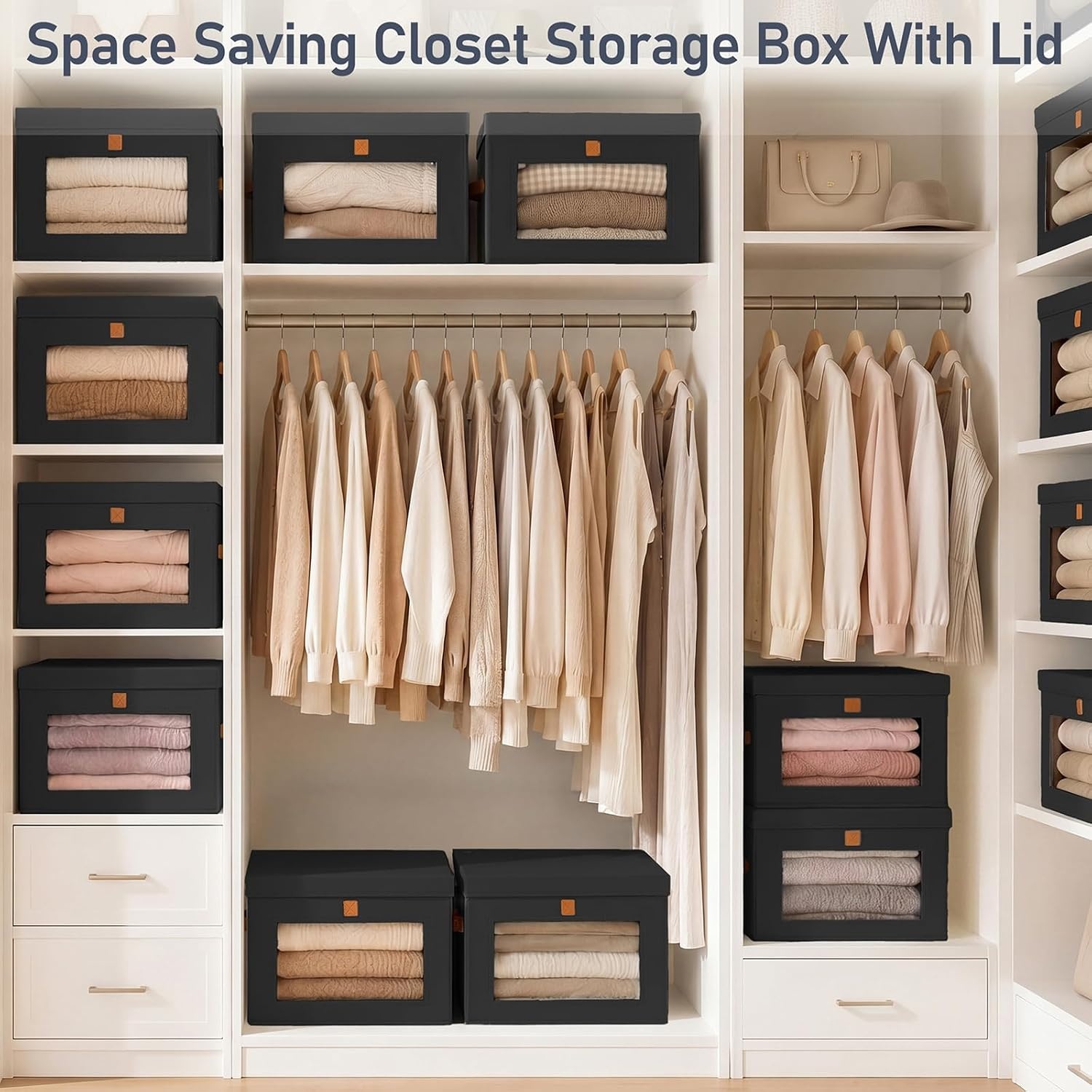 image:imageDIMJ Storage Bins with Lids 6 Pack Front Opening Stackable Fabric Storage Boxes with Clear Window amp Handles Collapsible Closet Organizers for Clothes Sweaters Shelf Storage Bedroom GrayBlack