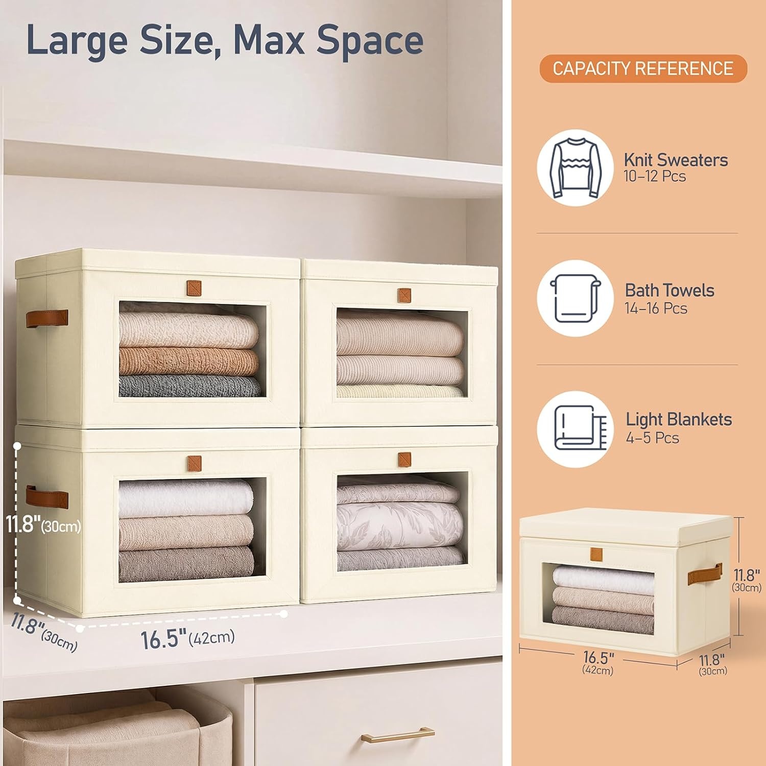 image:imageDIMJ Storage Bins with Lids 6 Pack Front Opening Stackable Fabric Storage Boxes with Clear Window amp Handles Collapsible Closet Organizers for Clothes Sweaters Shelf Storage Bedroom GrayBeige