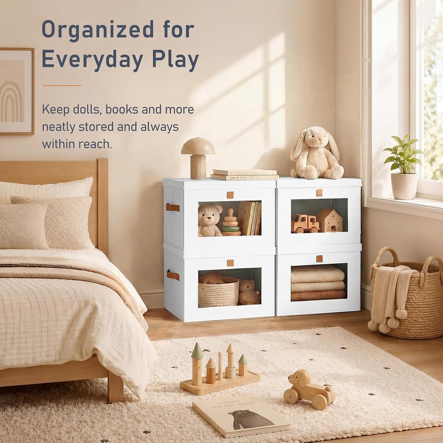 image:imageDIMJ Storage Bins with Lids 6 Pack Front Opening Stackable Fabric Storage Boxes with Clear Window amp Handles Collapsible Closet Organizers for Clothes Sweaters Shelf Storage Bedroom GrayWhite