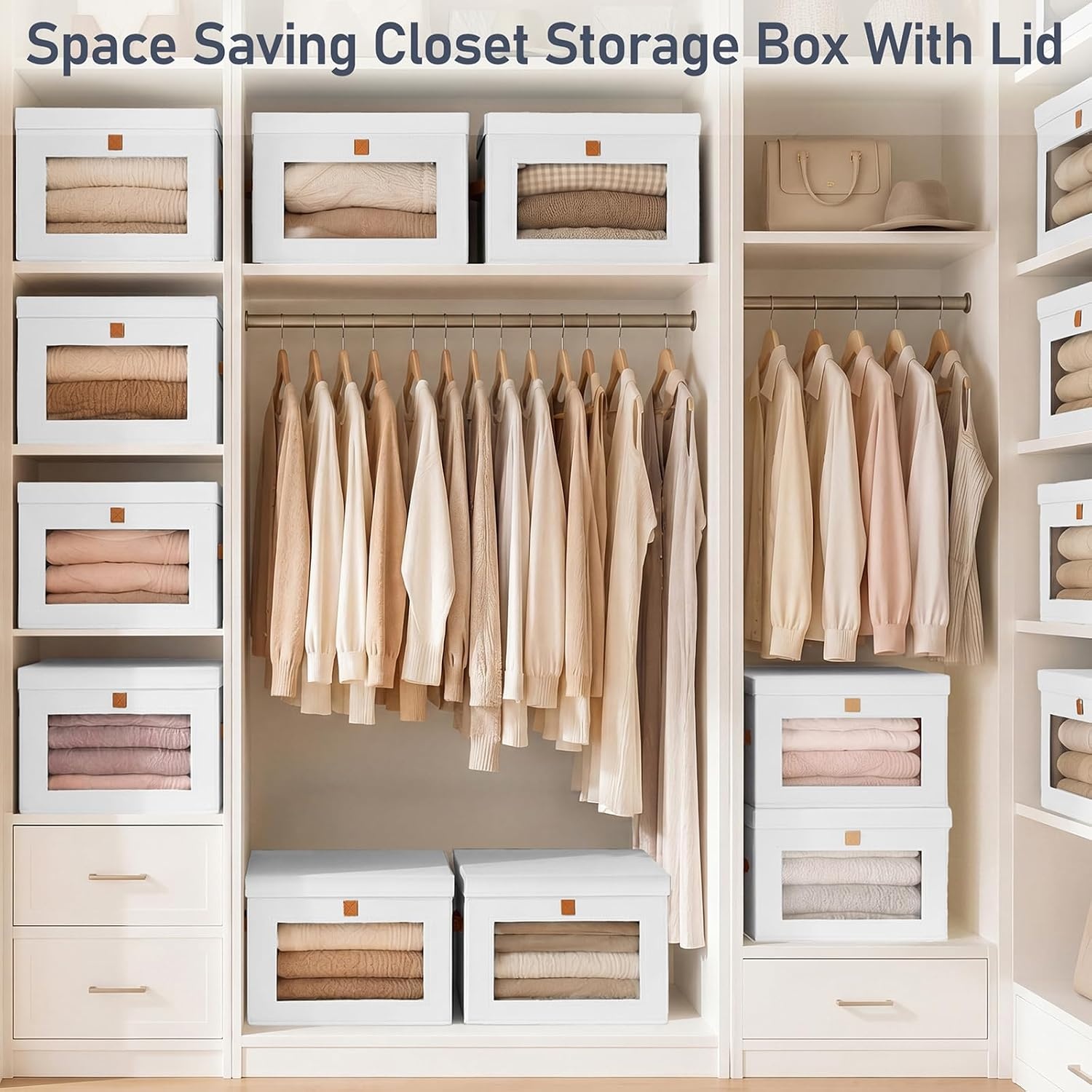 image:imageDIMJ Storage Bins with Lids 6 Pack Front Opening Stackable Fabric Storage Boxes with Clear Window amp Handles Collapsible Closet Organizers for Clothes Sweaters Shelf Storage Bedroom GrayWhite